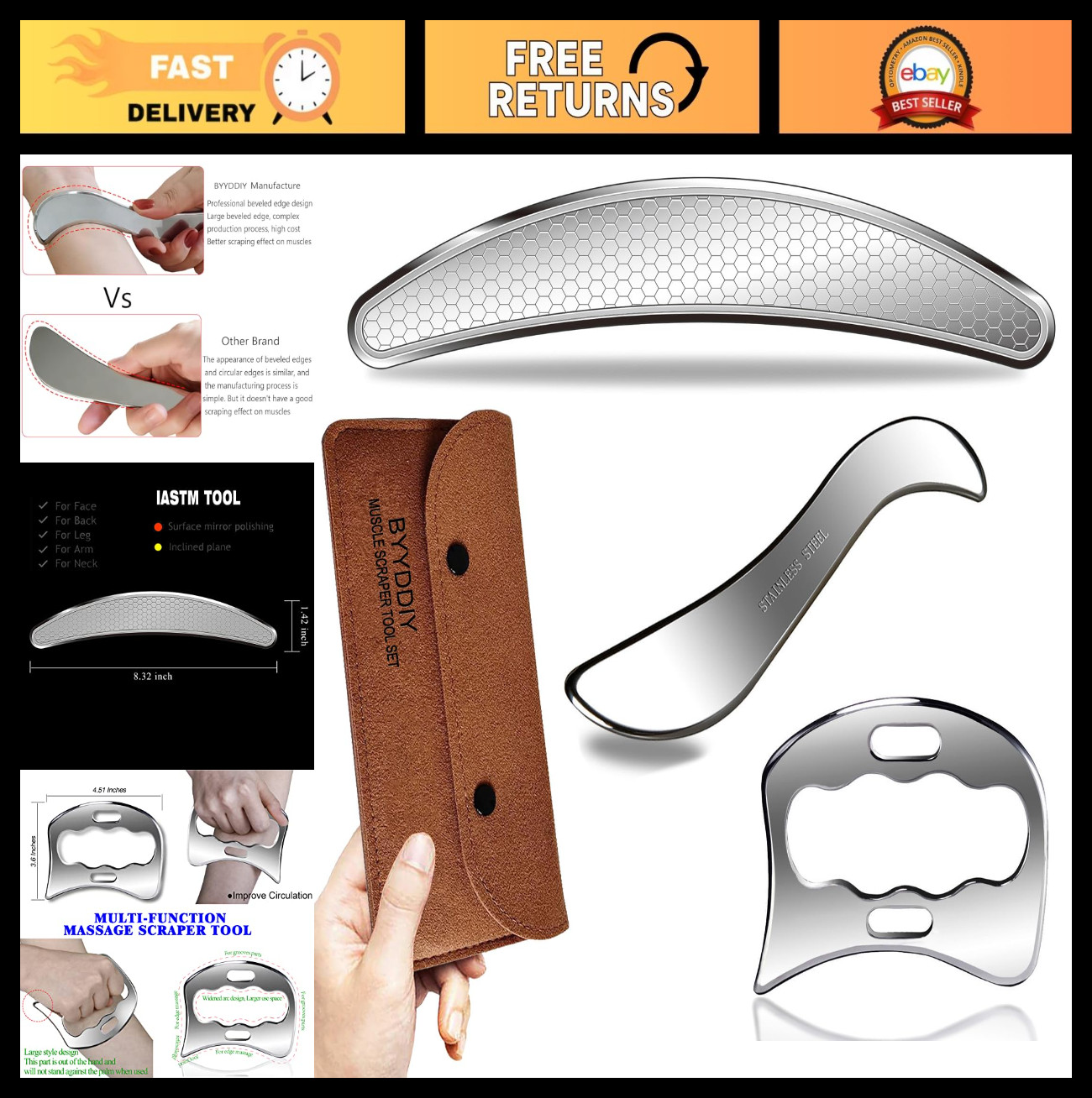 3-in-1 Stainless Steel Muscle Scraper Tool Set – Gua Sha & IASTM Massage Tools