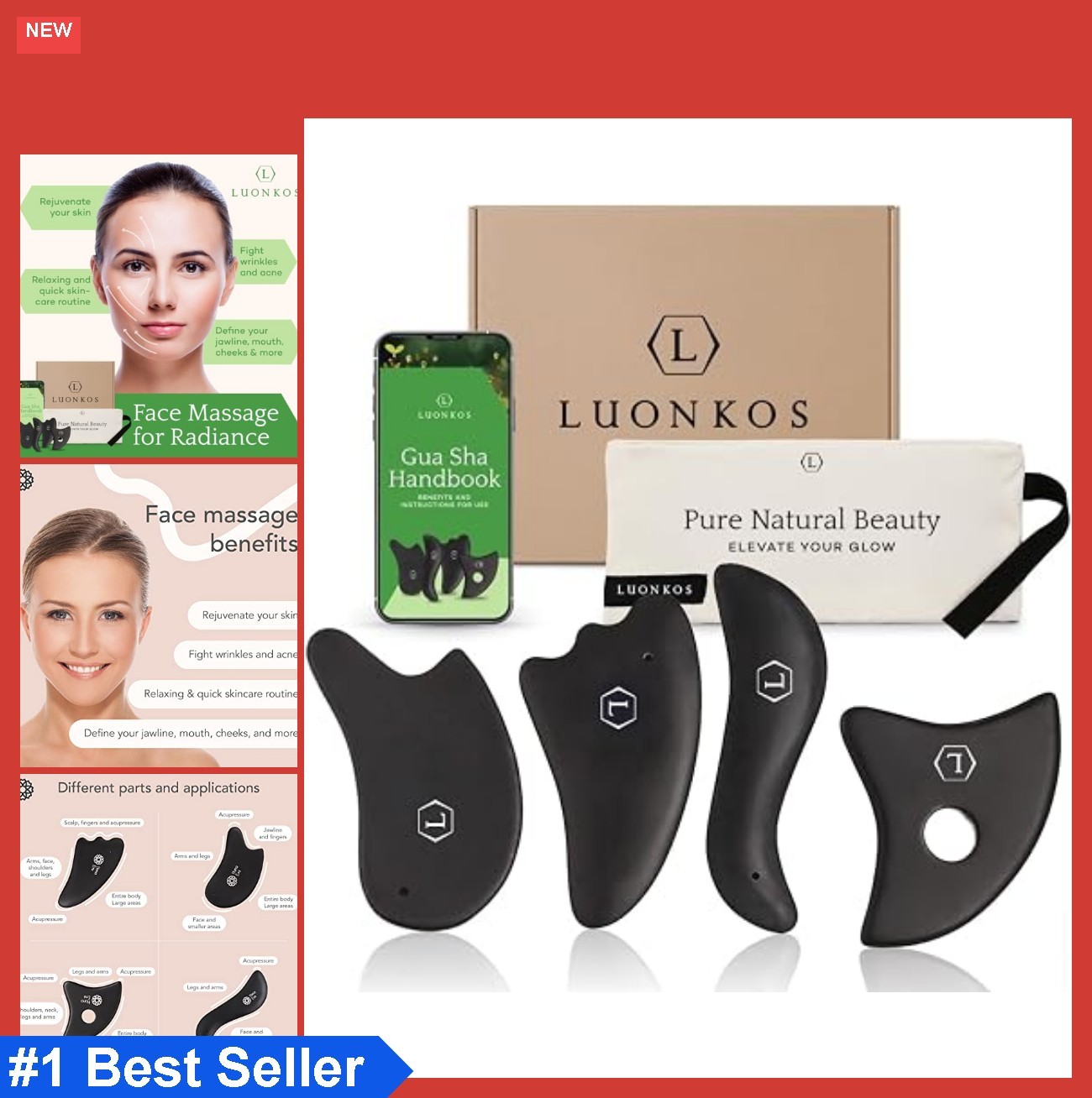 Gua Sha Facial Tools Set of 4 Black Bian Stone for Face Sculpting Lymphatic