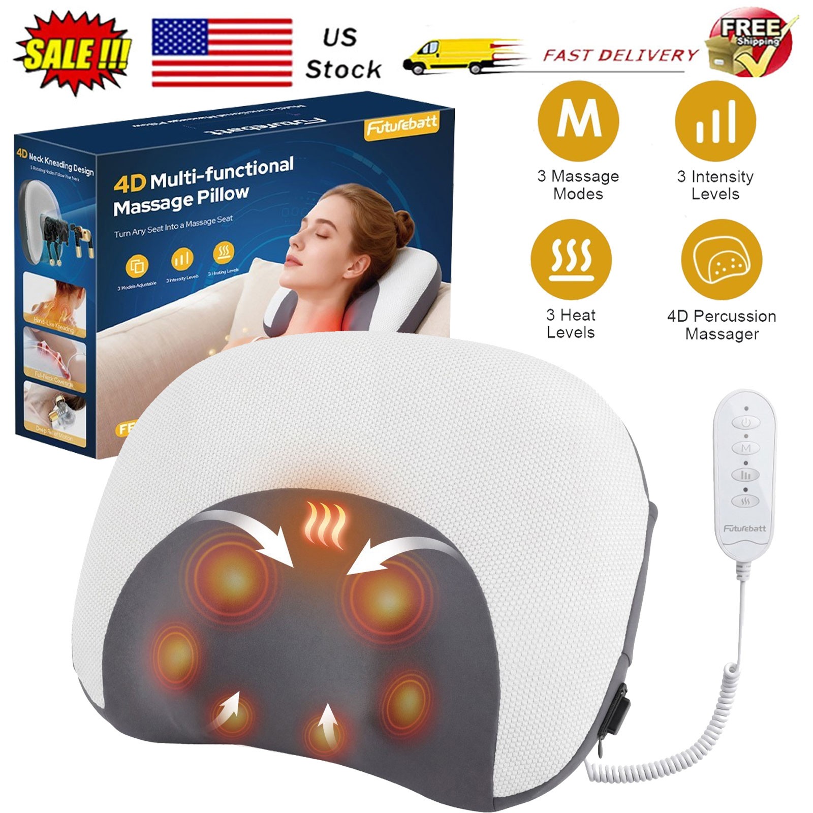 Heated Neck Shoulder Massager Pillow Electric 4D Shiatsu Deep Kneading Pillow US