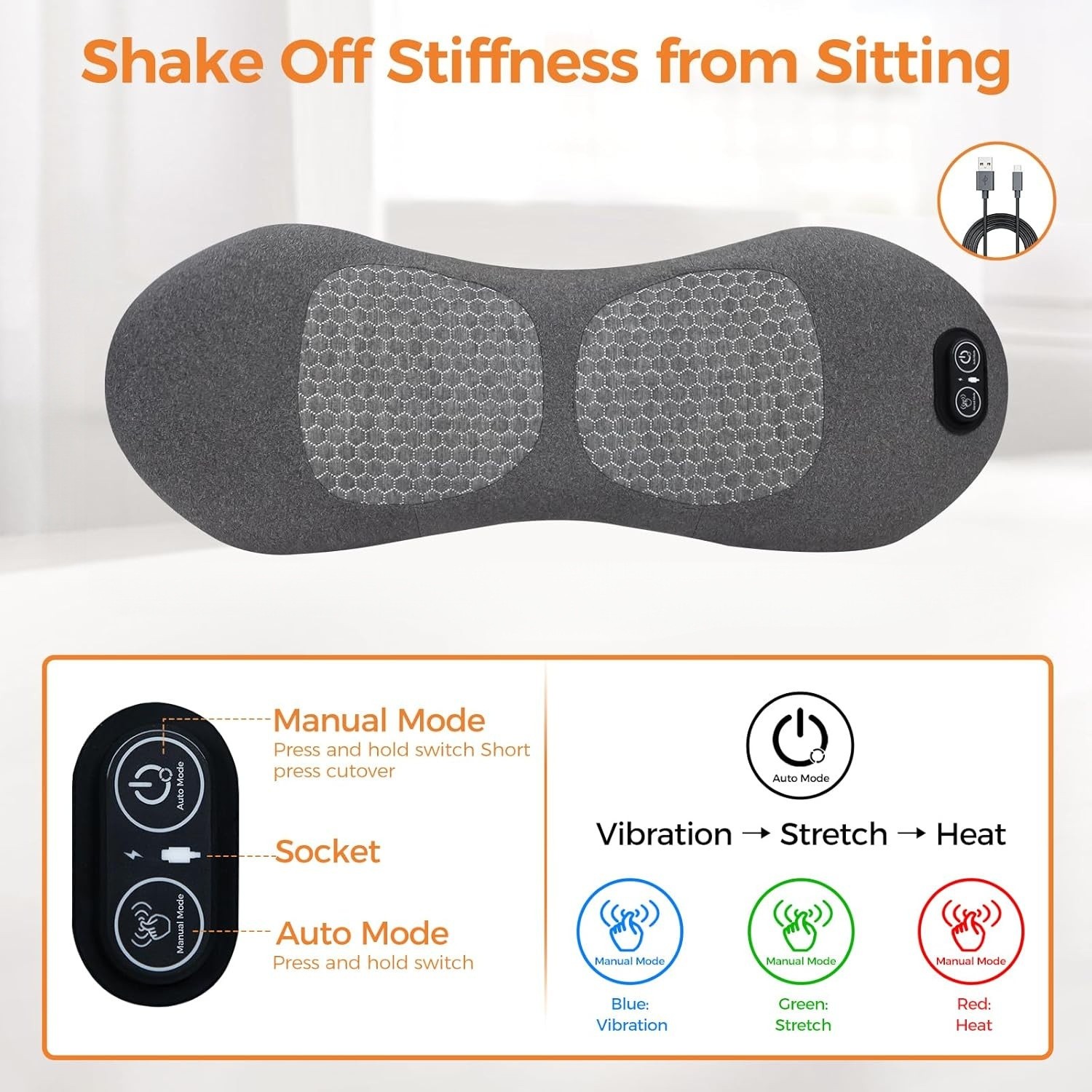 3 In 1 Electric Lumbar Support Pillow Smooth Spine Triple Fusion Back Massager