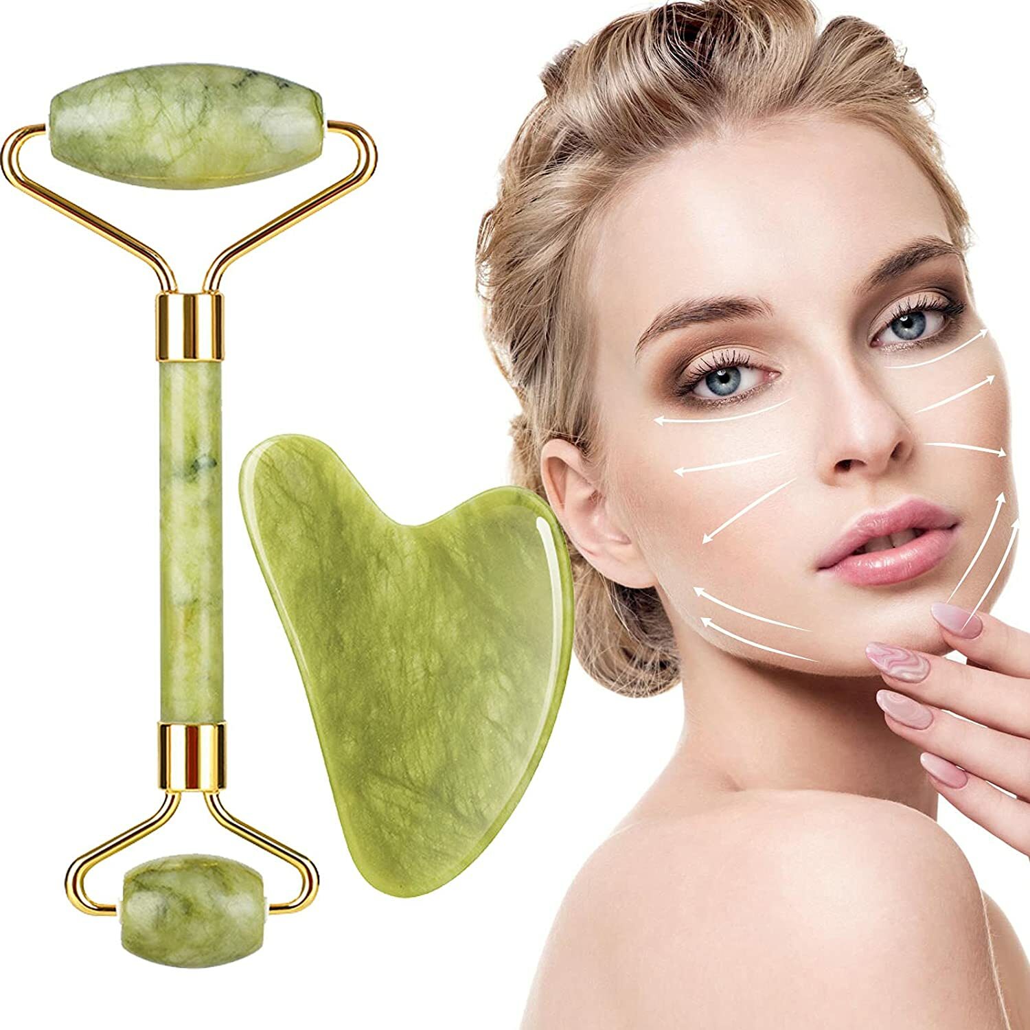 Natural Jade Gua Sha Beauty Facial Roller Face Thin Massager Gua Sha Board Set