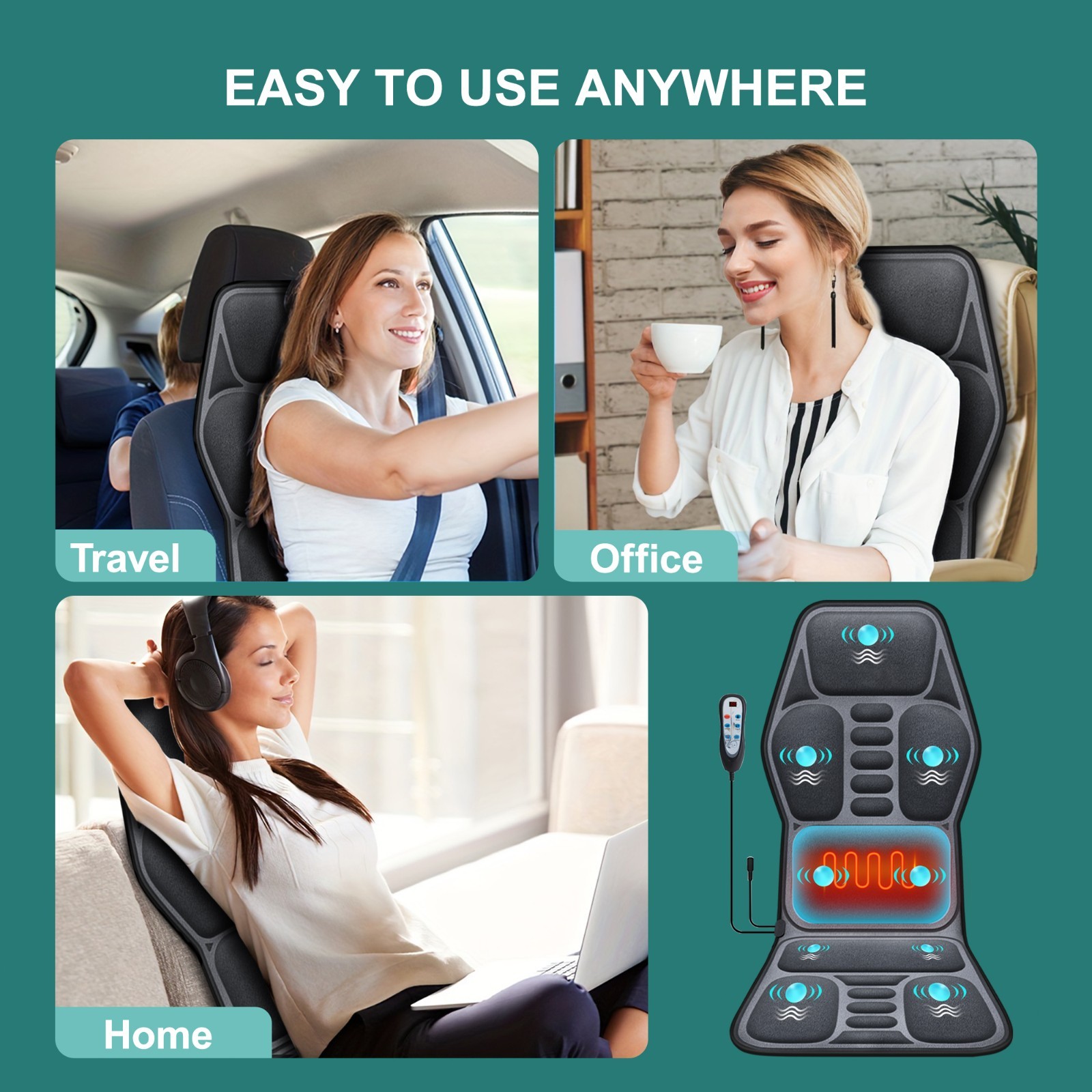 9 Mode Heated Vibration Seat Massager Cushion for Back Neck Thigh Body