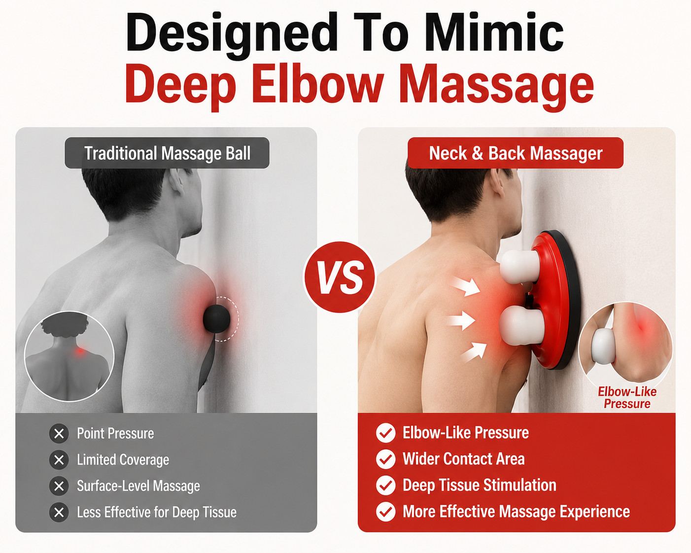 Neck & Back Massager Wall Mounted Deep Tissue Massage Adjustable Heads Hands-Fre