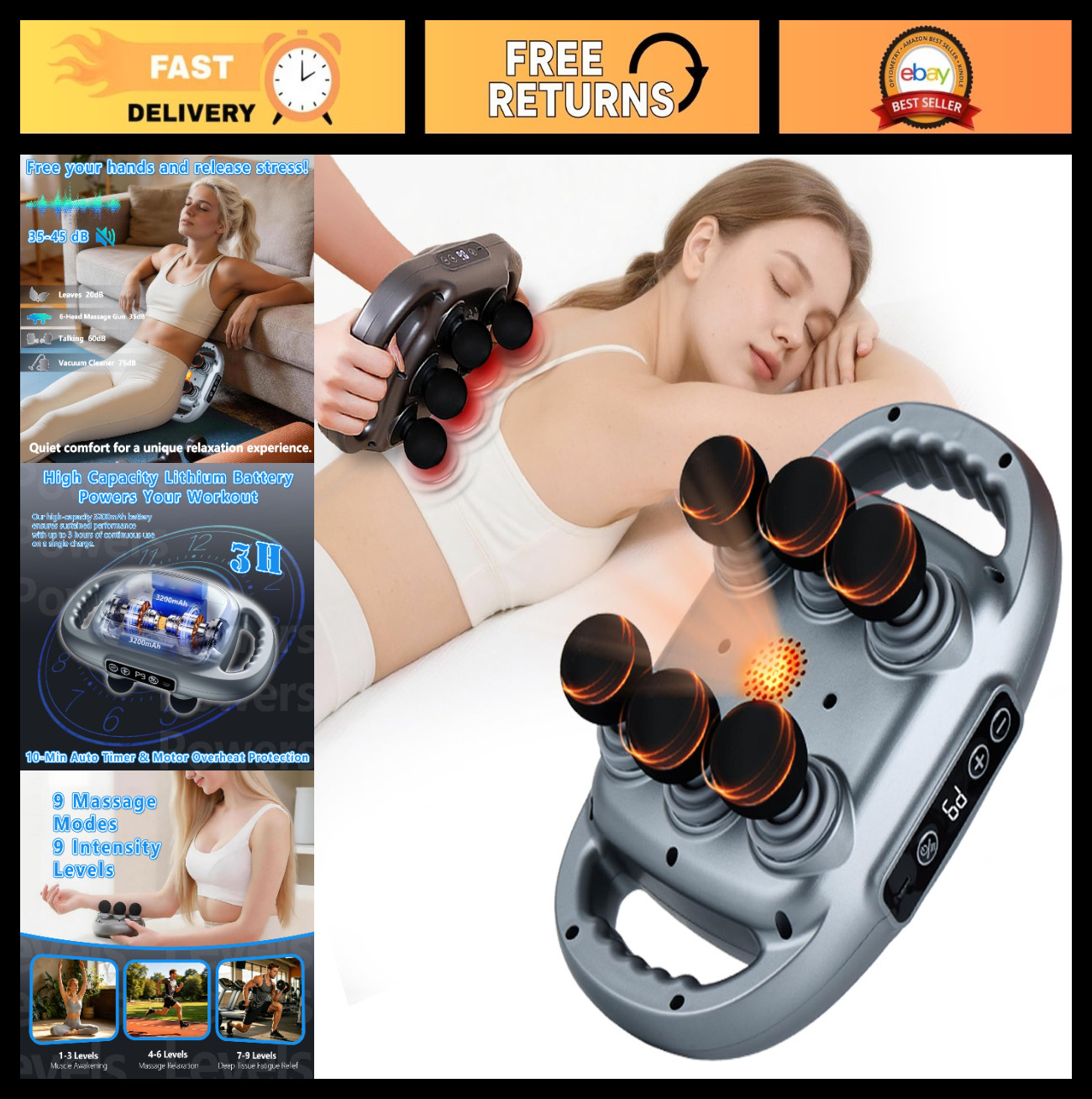 Deep Tissue Massage Gun – 6 Heads, 9 Levels & Modes, Electric Pain Relief Tool f