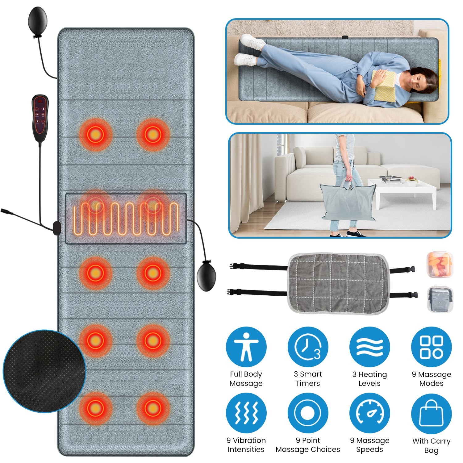 9 Mode Massage Mat Seat Heated Chair Pad Cushion Home Office Back Neck Lumbar