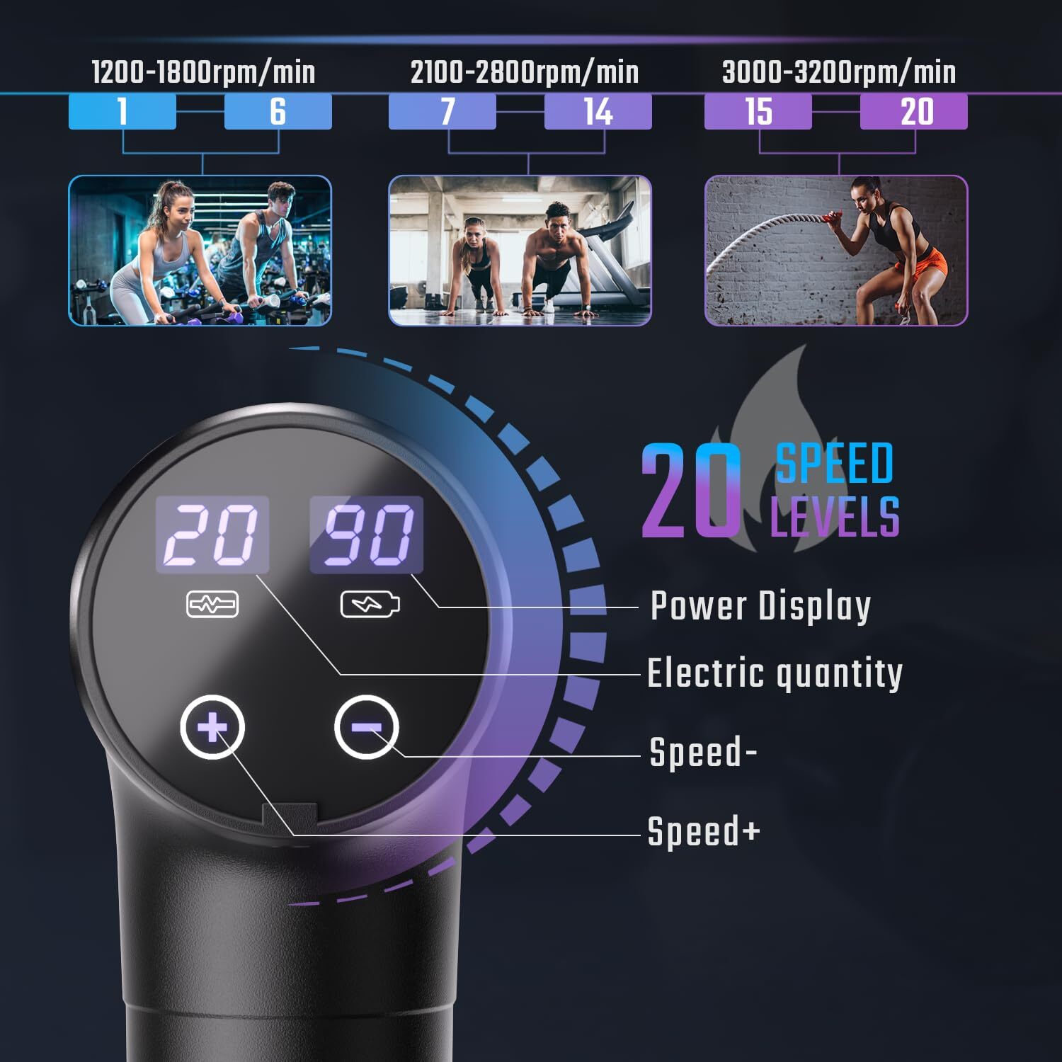 Portable Dark Grey Massage Gun with 20 Speeds 9 Heads for Muscle Recovery