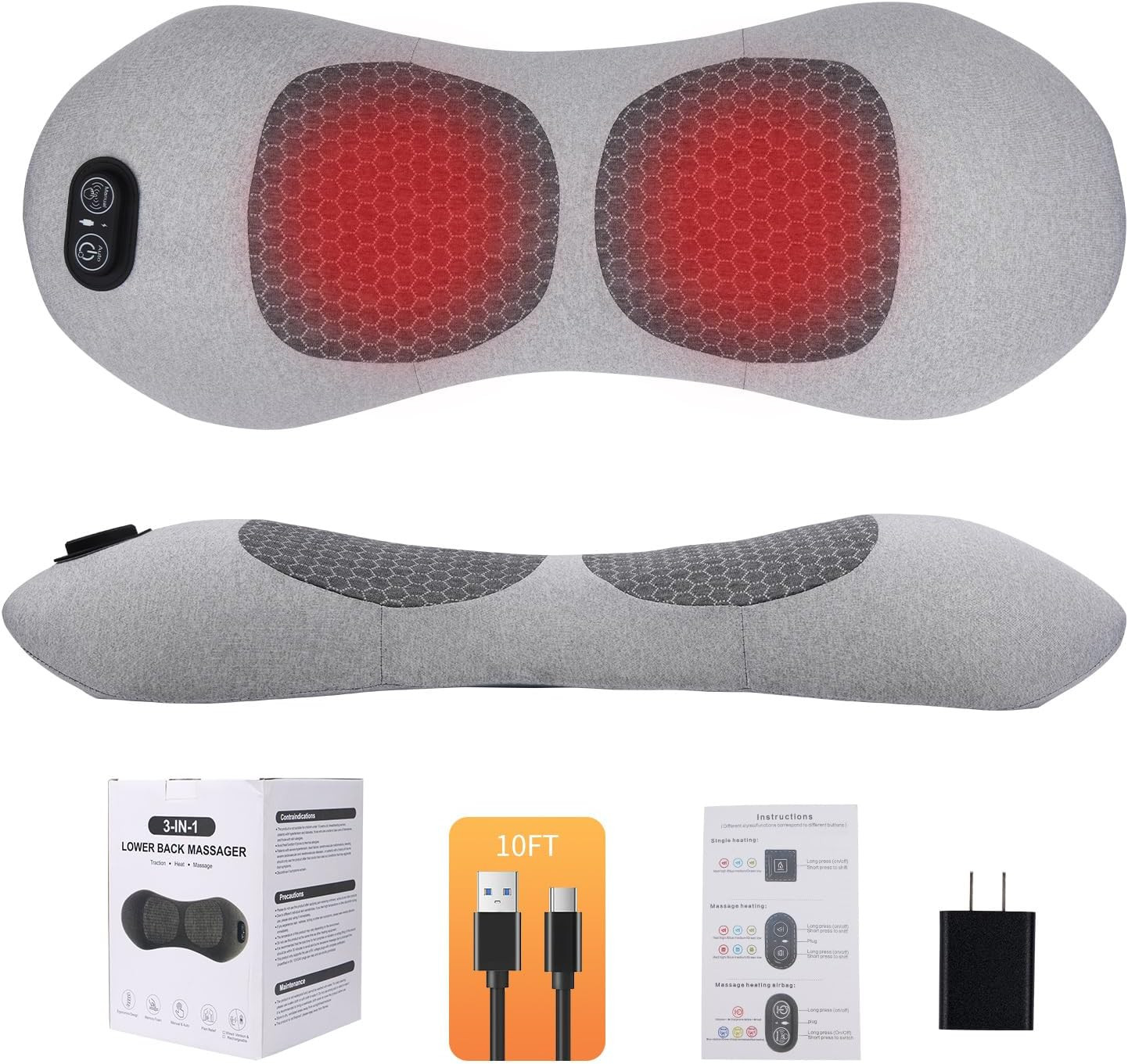 USB Electric Lumbar Support Pillow with Charger Adapter | 3-In-1 Triple Fusion B