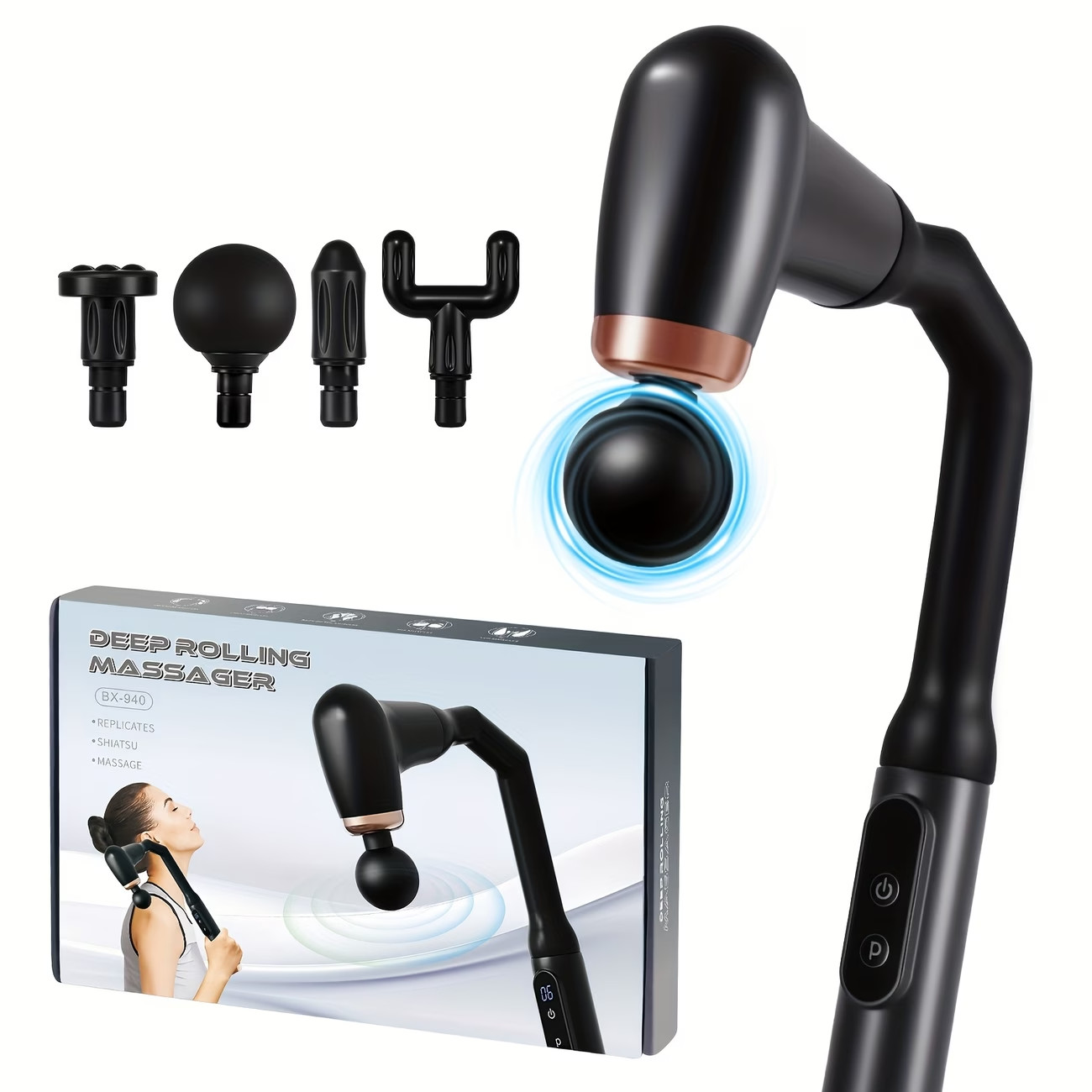 Deep Tissue Massage Gun Neck Back Massager Extended Handle 4 Heads Ultra-Quiet