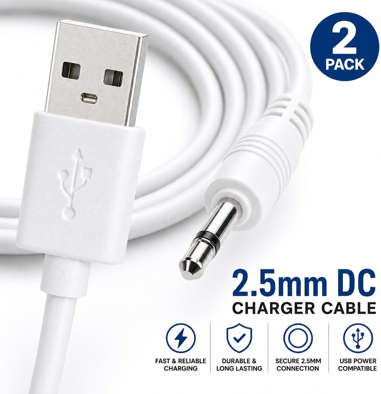 Versatile 2-Pack Fast Charging Cables for Massagers – USB and 2.5mm DC Included