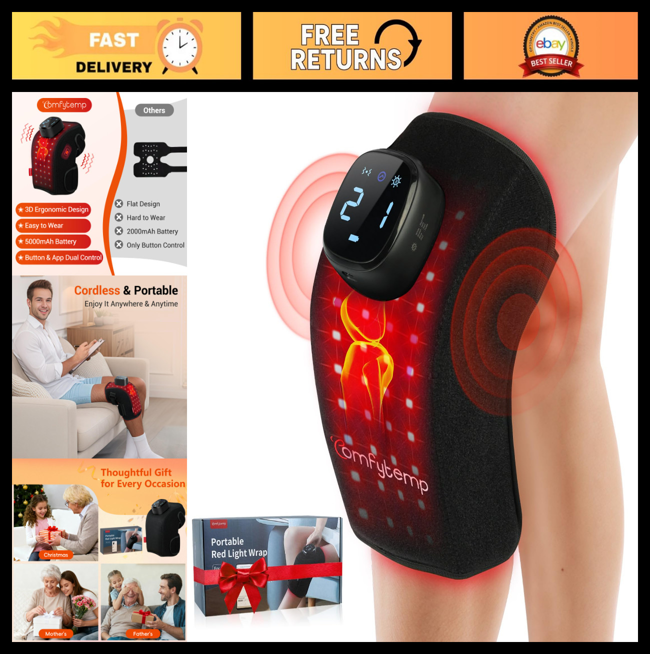 3D Red Light Therapy Knee Wrap with Vibration Massage, Cordless 5000mAh, Infrare