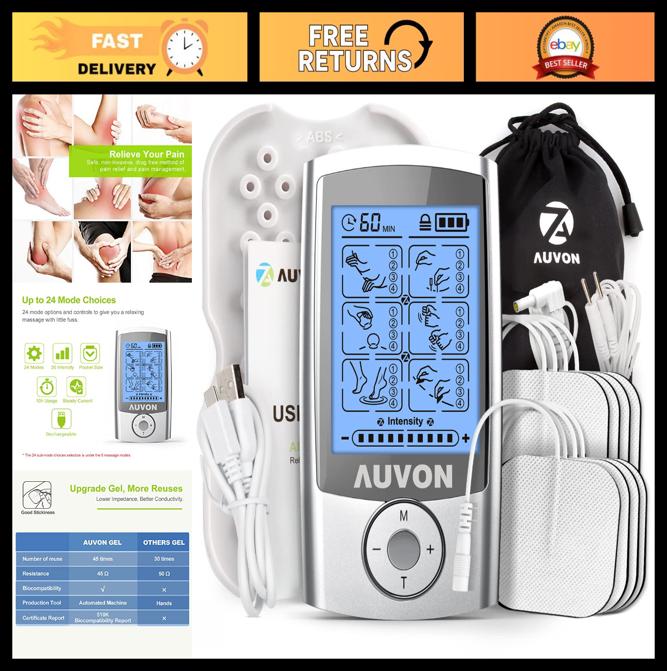 Rechargeable TENS Unit Muscle Stimulator – 24 Modes, 8 Premium Electrode Pads fo