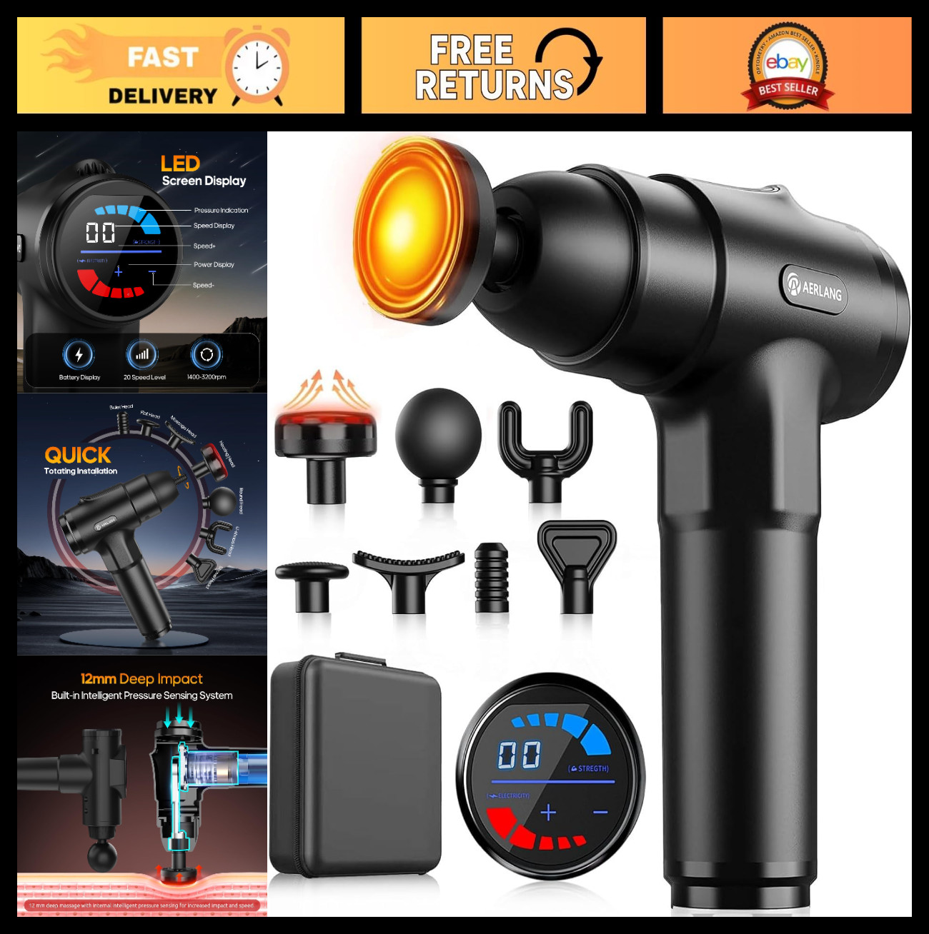 Deep Tissue Massage Gun with Heat – Handheld Percussion Massager for Pain Relief
