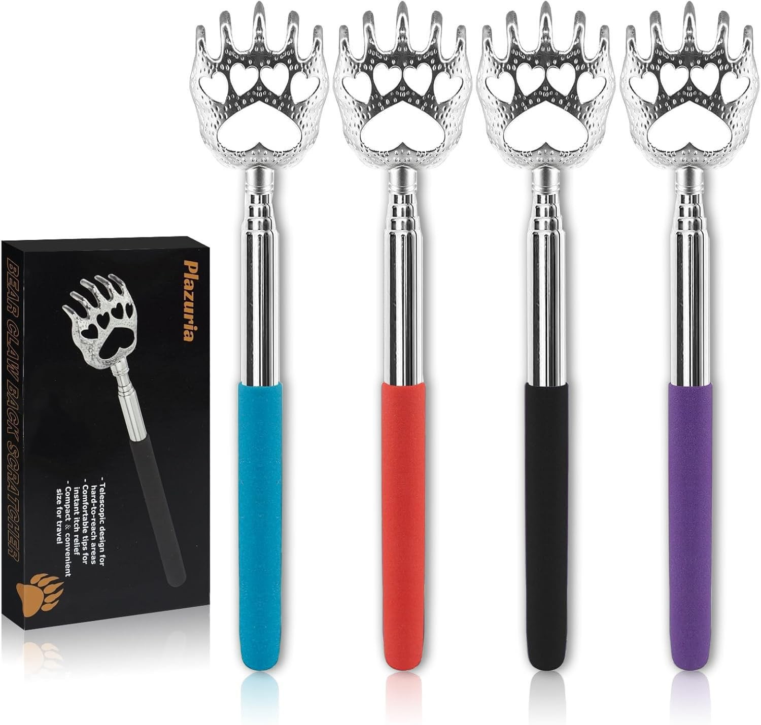 (4-Pack) Extendable Back Scratchers Metal Claws Telescopic Rubber Handles Kids