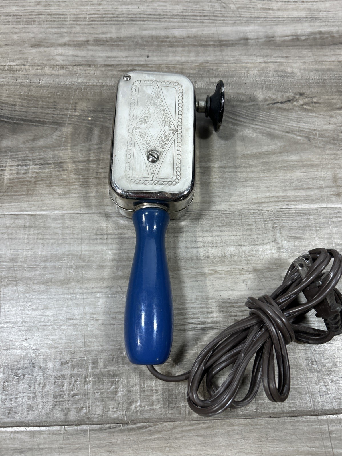 Vintage Chrome Box, Engraving, Blue Handle VIBRATION MASSAGER