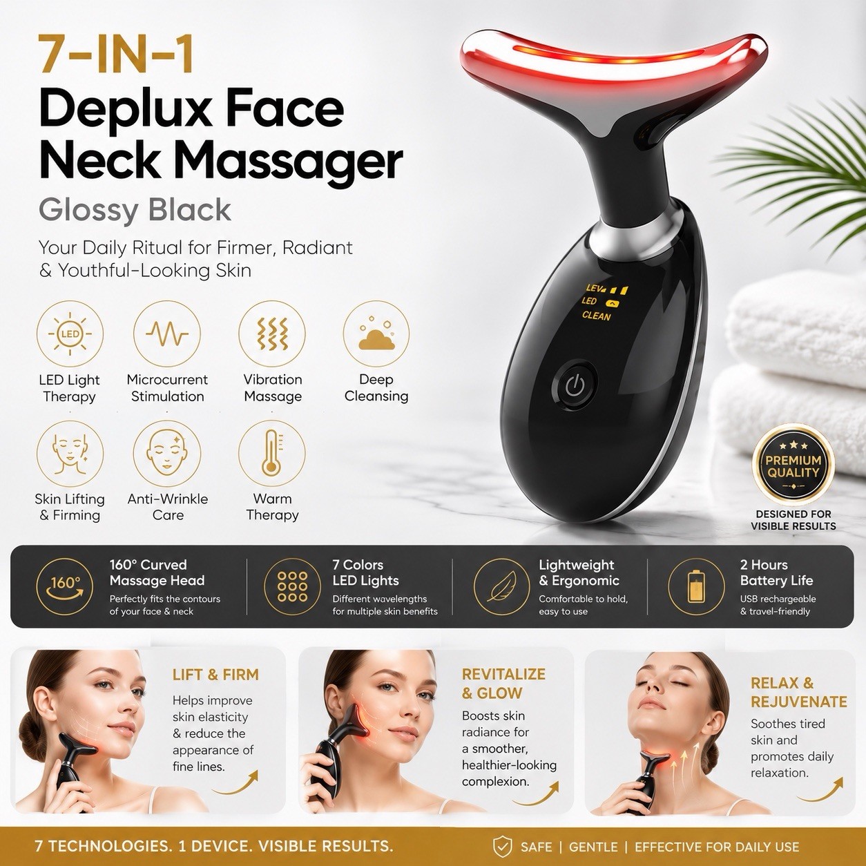 Deplux 7-in-1 Face & Neck Massager LED Light Therapy Skin Tightening Device.
