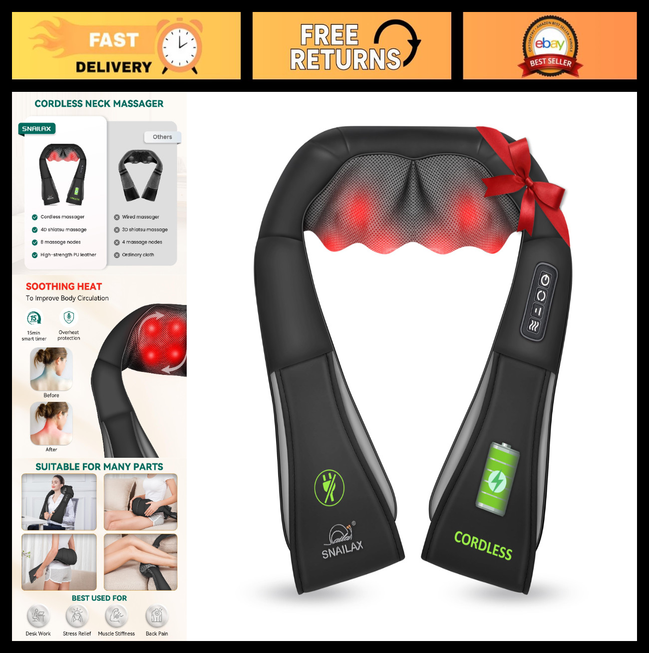 Cordless Shiatsu Neck & Shoulder Massager with Heat – Portable Electric Back Pil