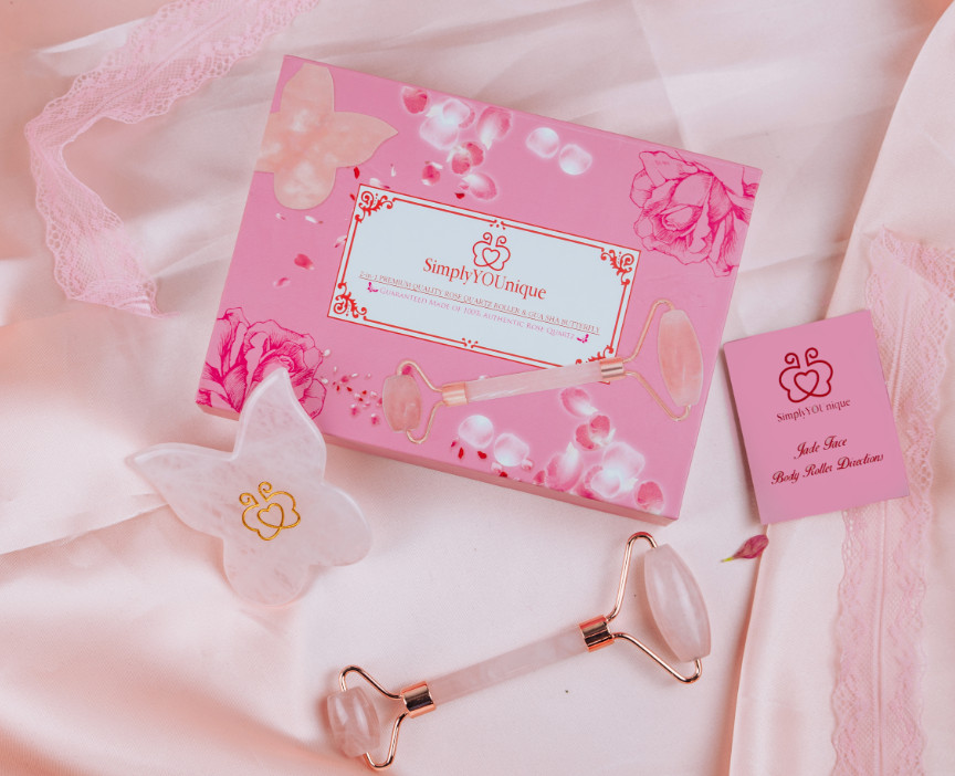 Premium Natural Rose Quartz Facial Crystal Roller + Rare Butterfly Gua Sha Set
