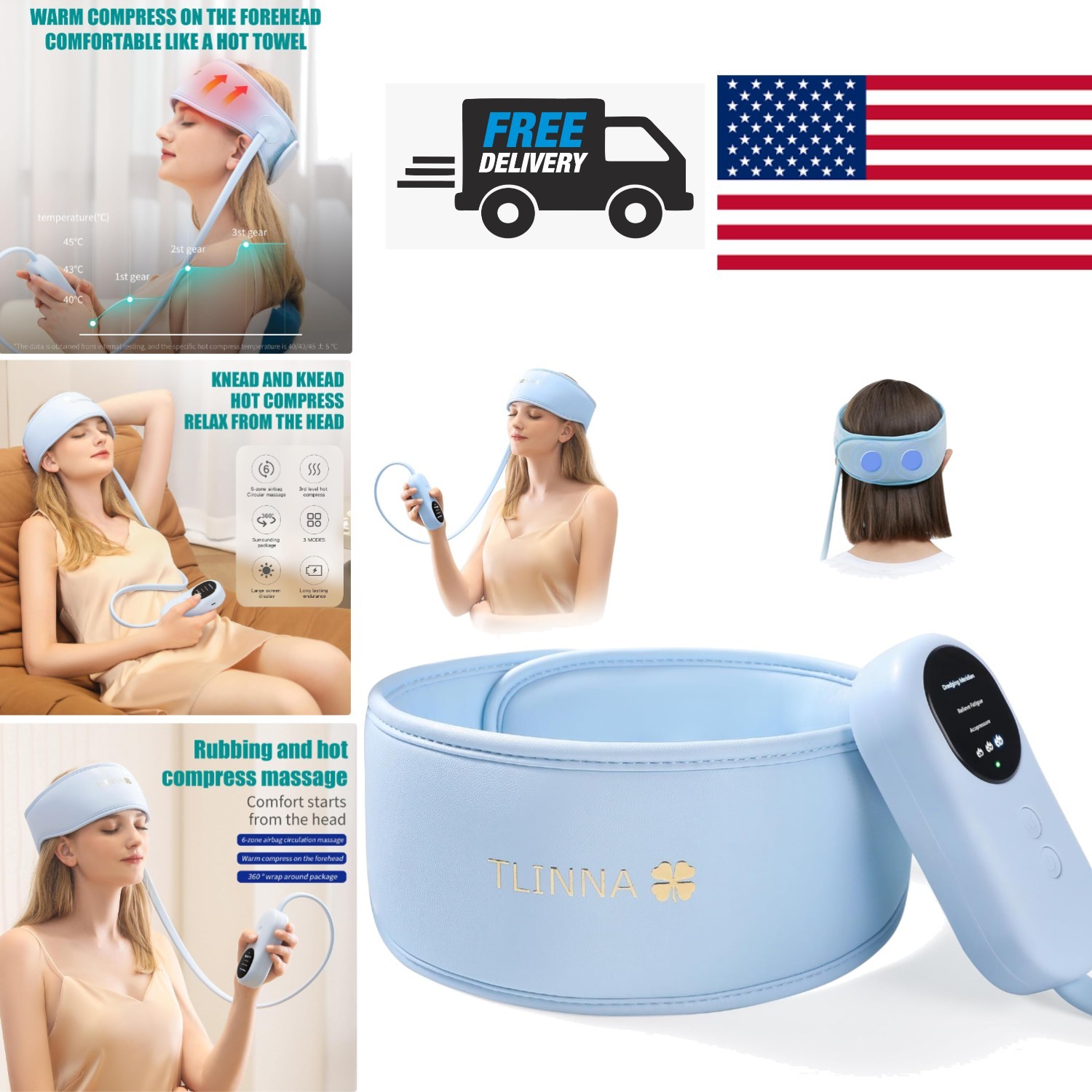 Head Massager with Hot Compress and Kneading Features for Pain Relief Sky Blue