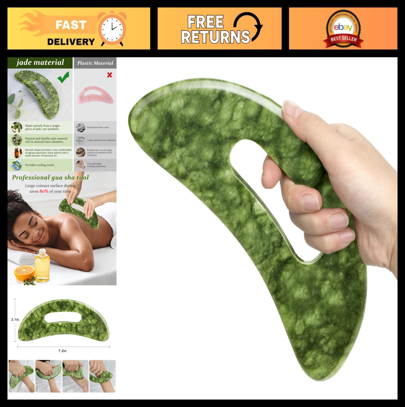 Large Jade Gua Sha Massage Tool for Lymphatic Drainage, Body Sculpting & Celluli