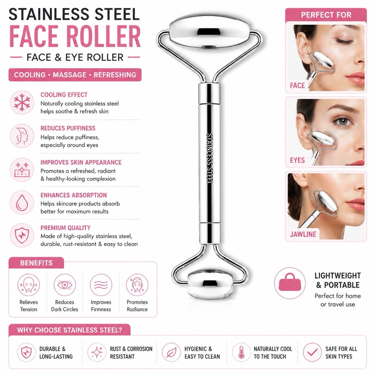 Stainless Steel Face Roller for Face & Eyes – Cooling Massage Beauty Tool