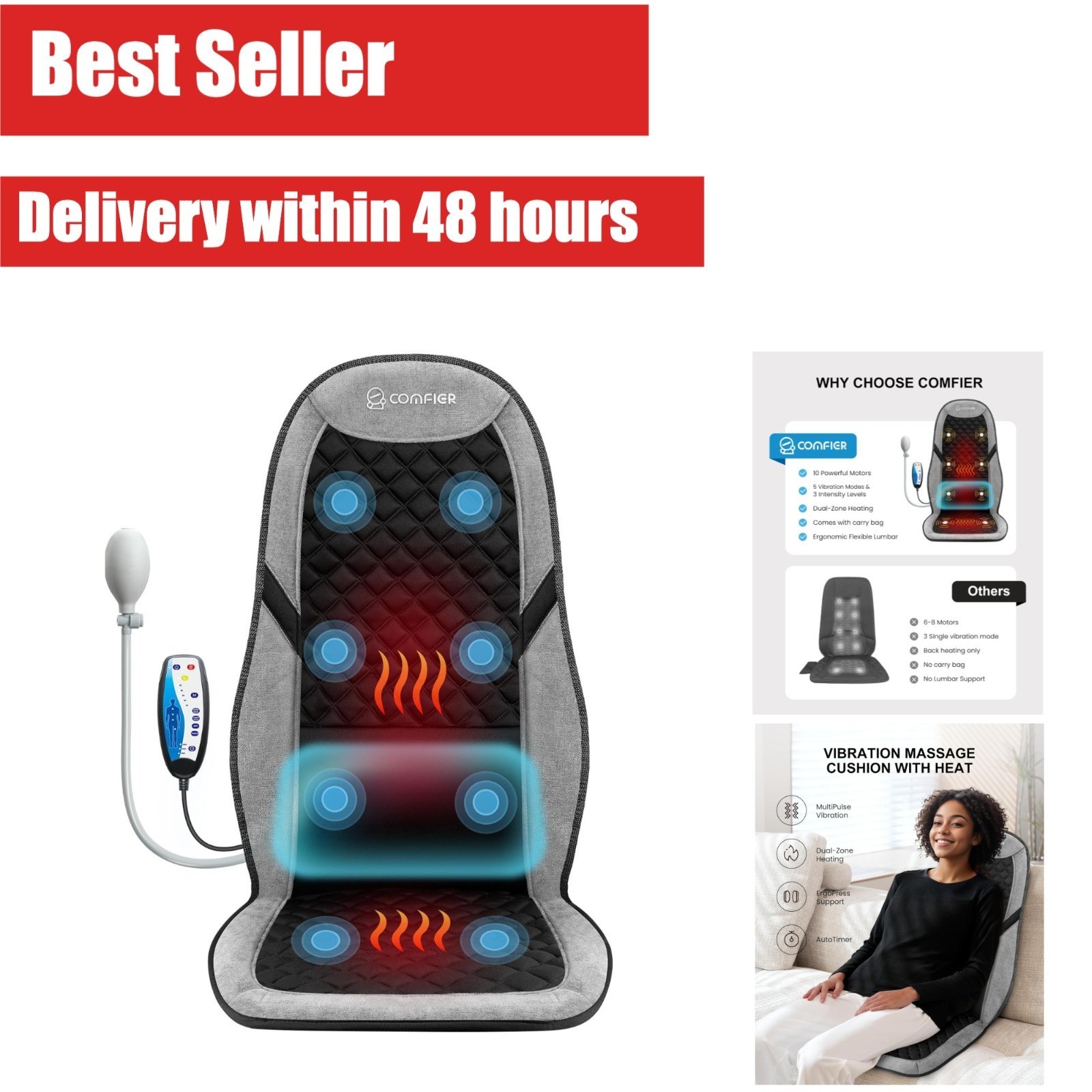 COMFIER Back Massager with Heat, Adjustable Lumbar Support, Chair Cushion