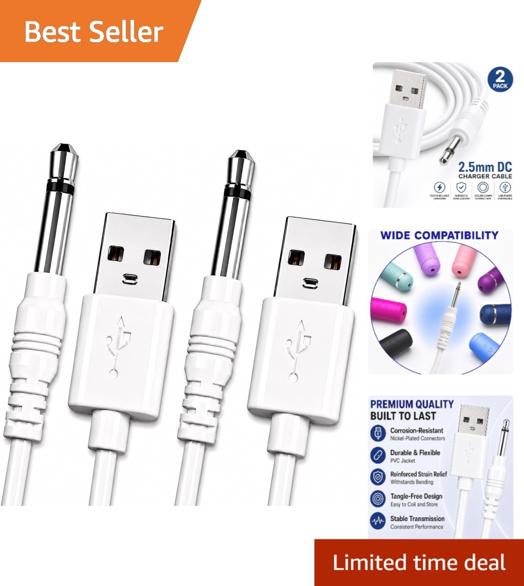 Versatile 2-Pack Fast Charging Cables for Massagers – USB and 2.5mm DC Included