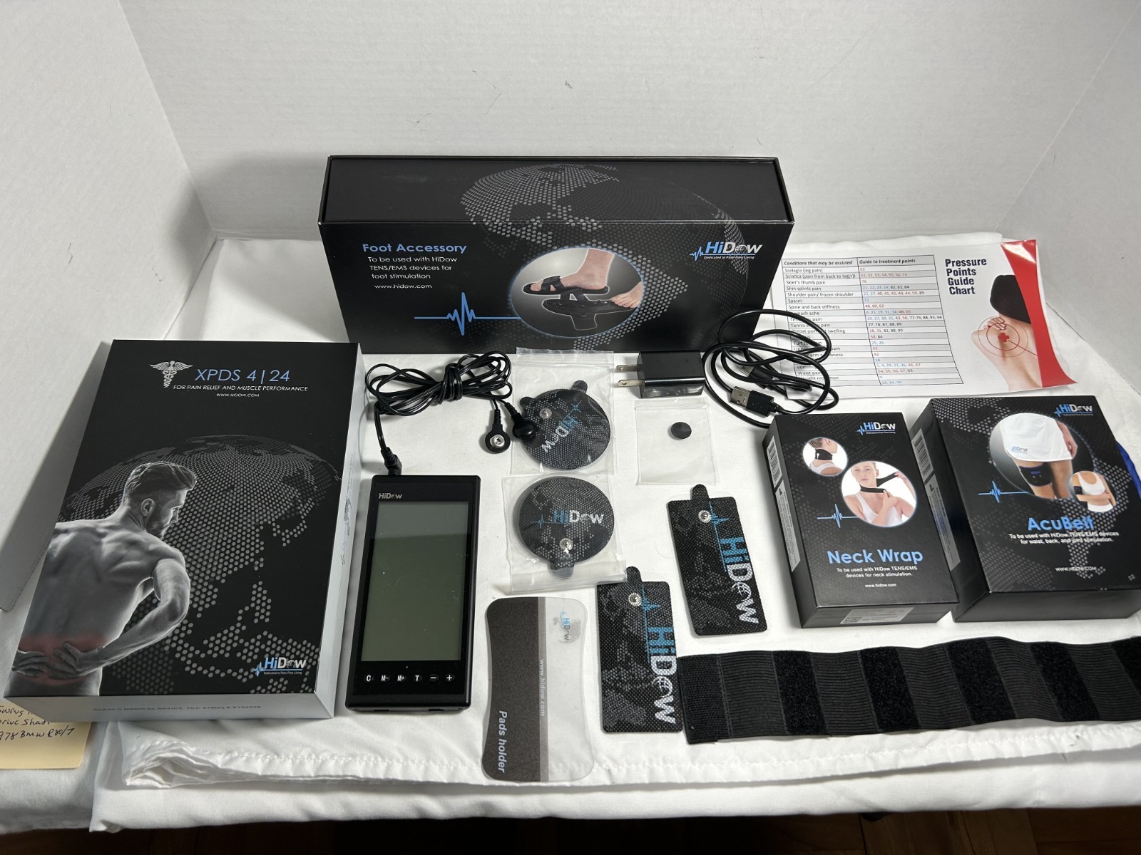 HiDow XPDS 4|24 Complete TENS EMS System Neck Wrap AcuBelt Foot Accessory Tested