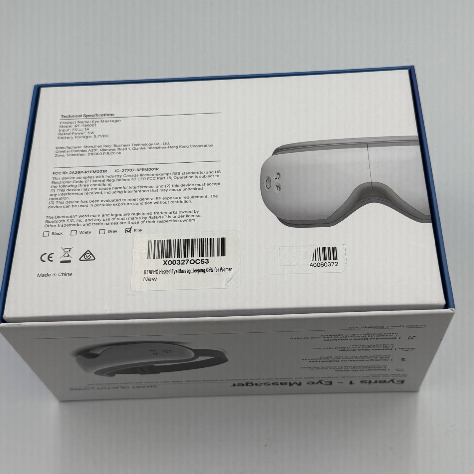 RENPHO Eyeris SMART- Model RF-EM001S Electric HEATED Eye Massager Open Box PINK