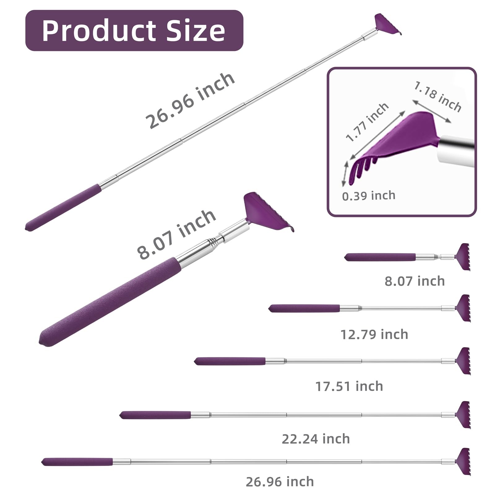 2 Pack Portable Extendable Back Scratcher Stainless Steel Telescoping Purple