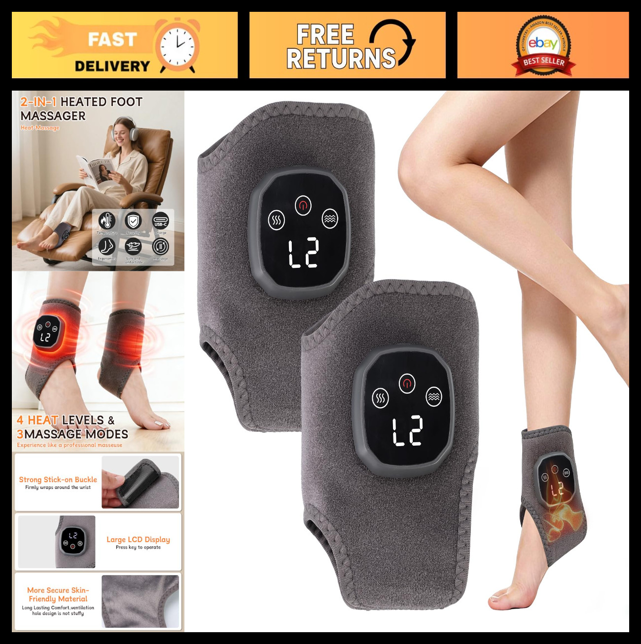 2-in-1 Warming Ankle Massager for Pain Relief – 3 Modes, 5 Heat Levels, Portable