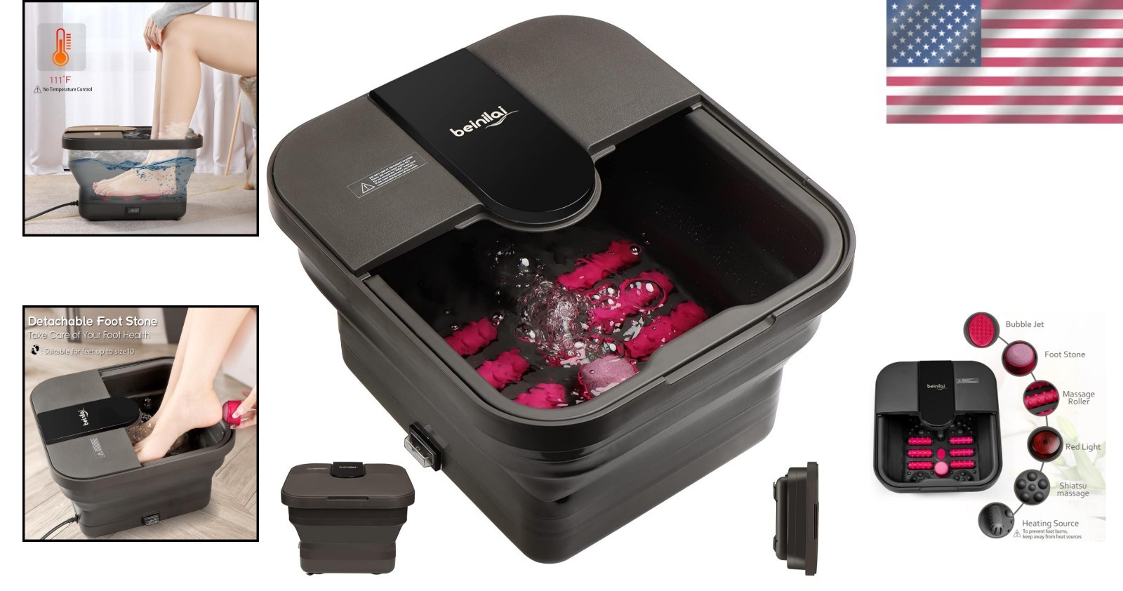 Collapsible Heated Foot Spa with Six Massage Rollers & Bubble Jets, Dark Grey