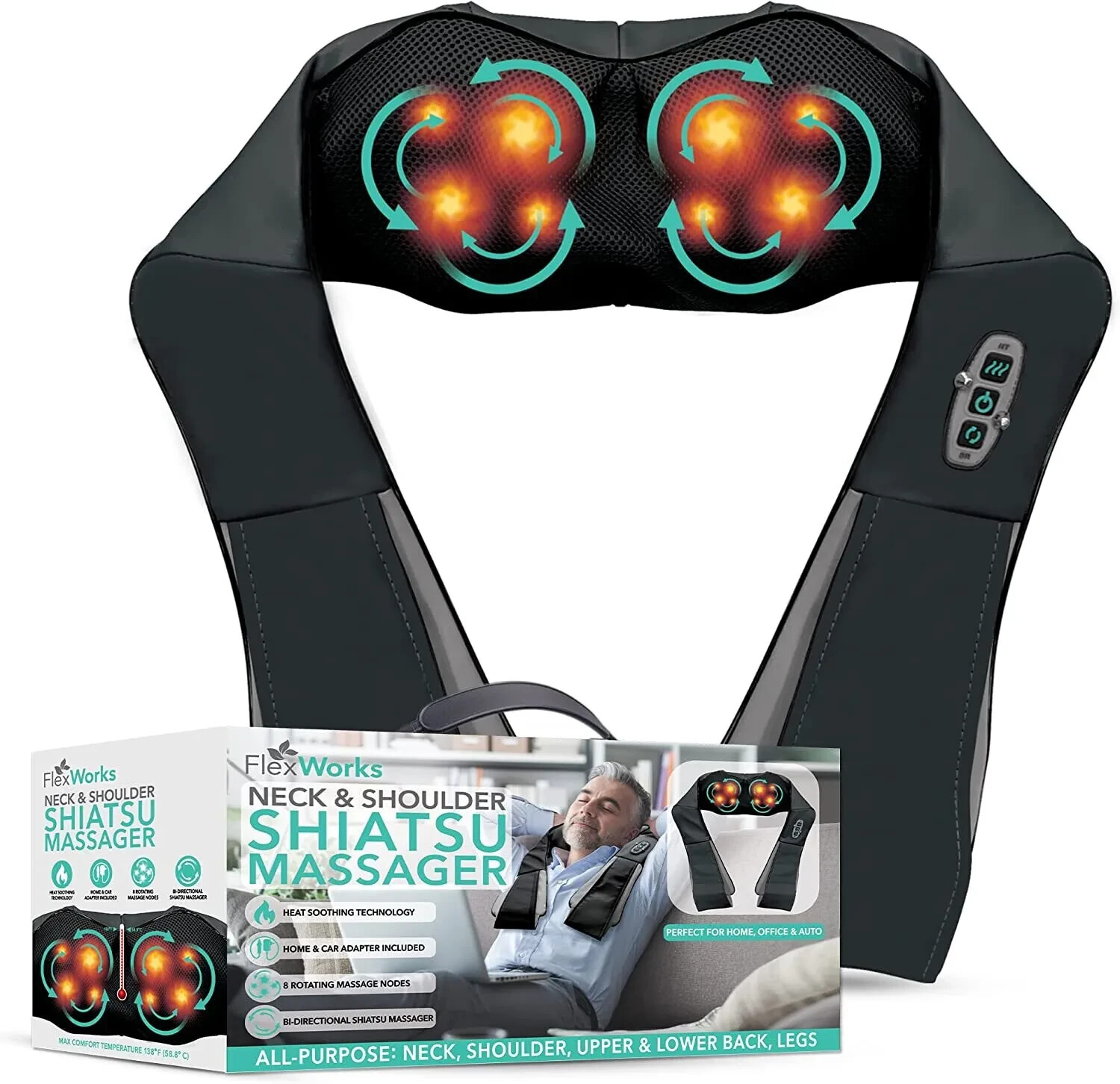 FlexWorks Shiatsu Neck,Shoulder,Back,Foot & Body Massager Heat Deep Kneading….