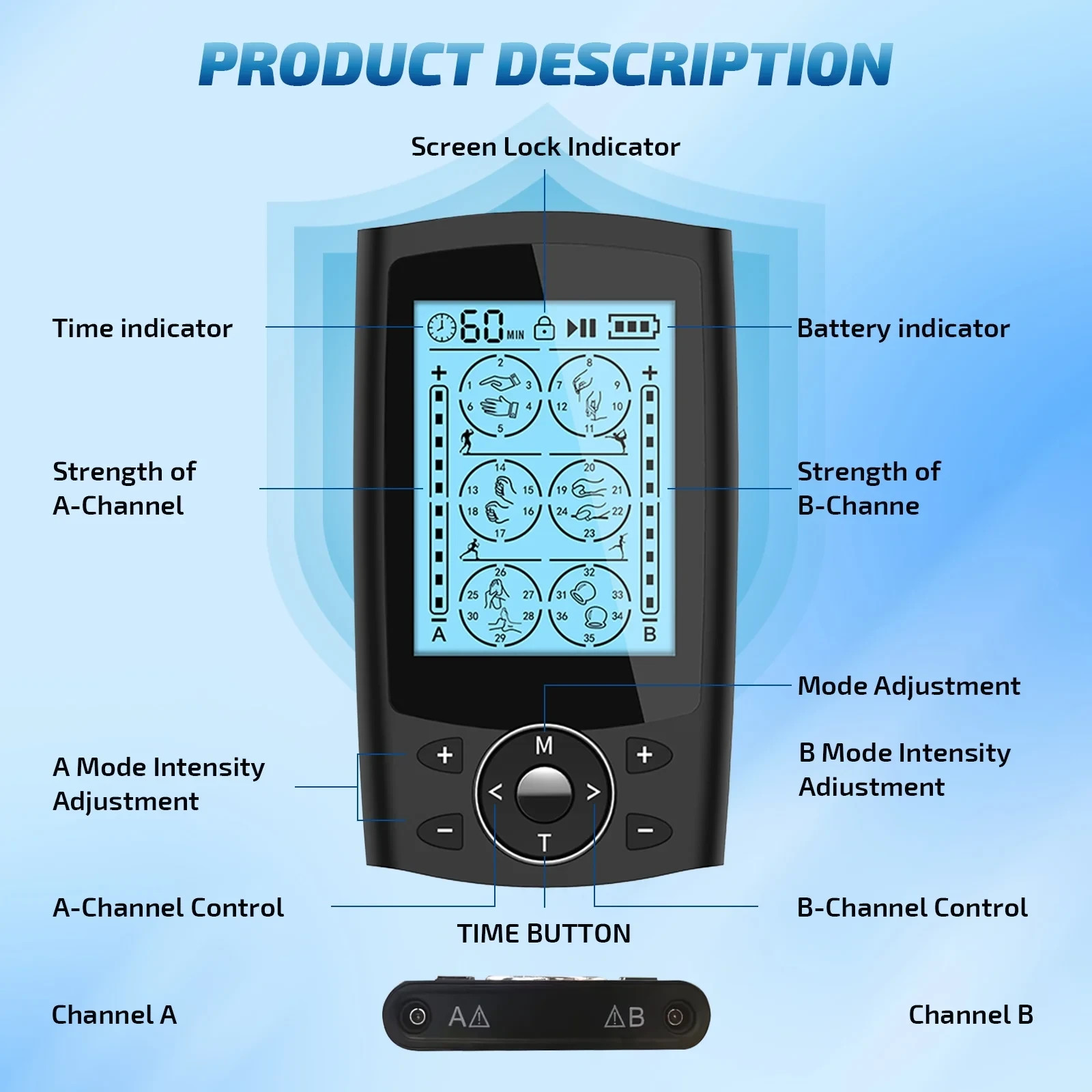 TENS Unit EMS Muscle Stimulator 36 Mode Rechargeable Dual Channel 10 Pad Massage
