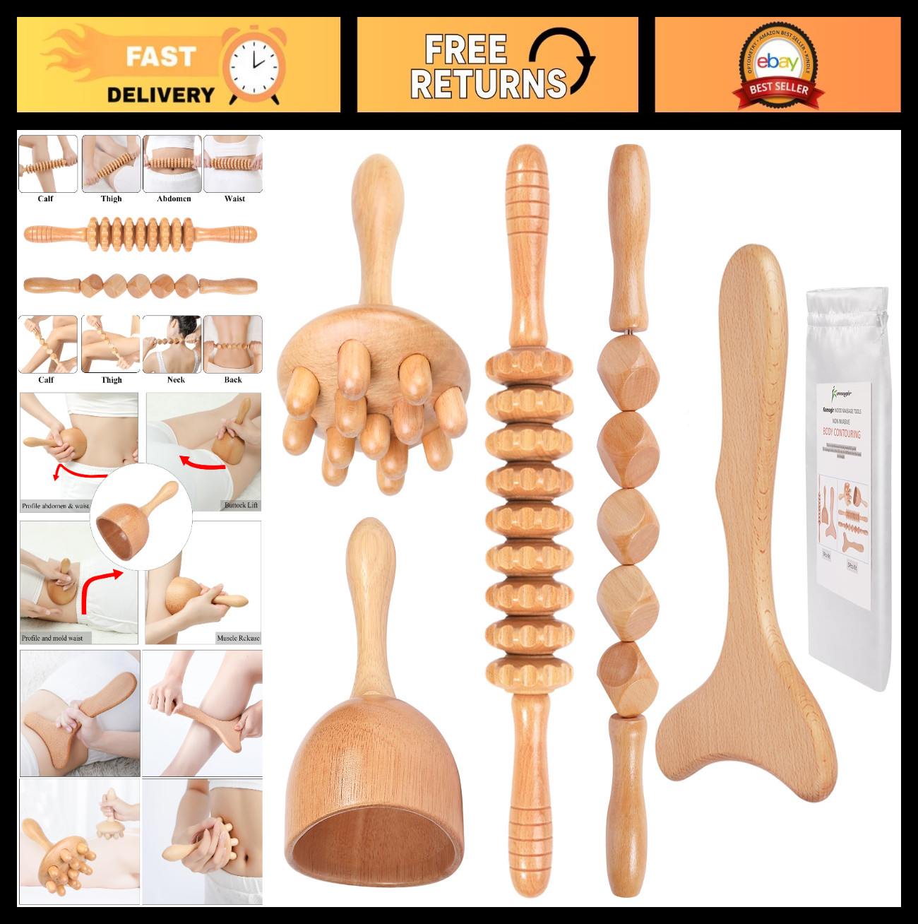 5-in-1 Wood Therapy Massage Tools Kit for Lymphatic Drainage, Body Sculpting & P