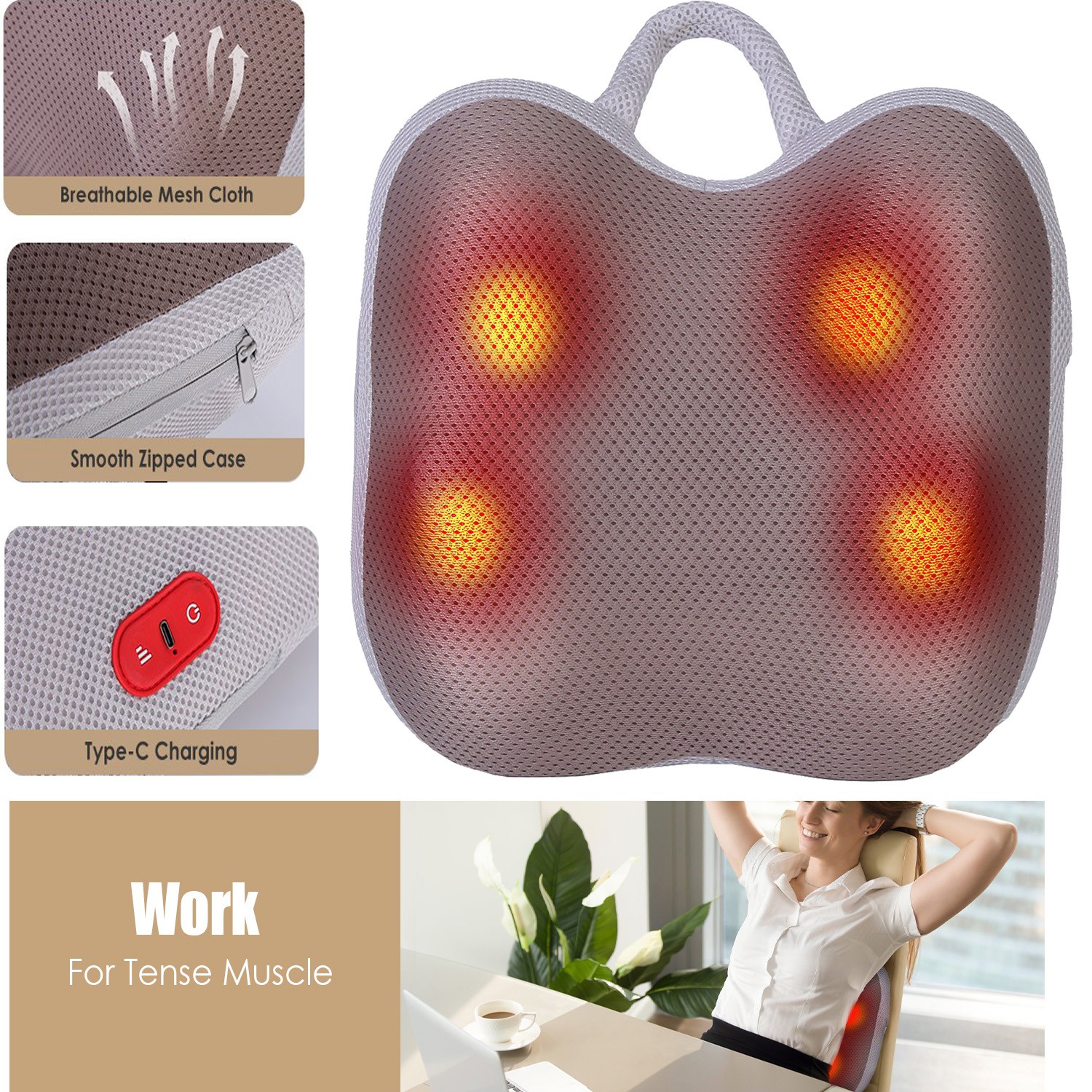 Rechargeable Shiatsu Back &Waist Massager –Kneading Lower Back Massage Pillow