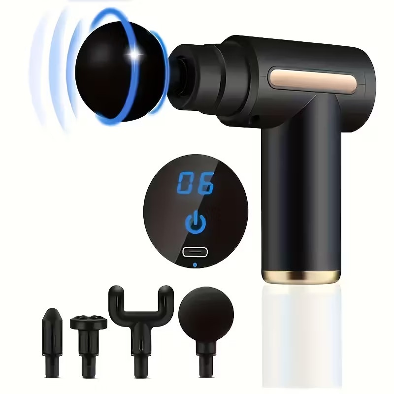 4-head Interchangeable Massage Gun with 6 Adjustable Settings, LCD Display, Low