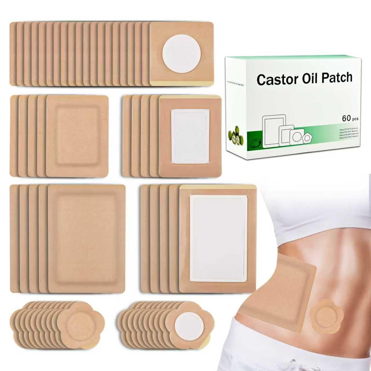 Castor Oil Pack Wrap & Patches 60 Pcs 4 Sizes Disposable Self-Adhesive Organic