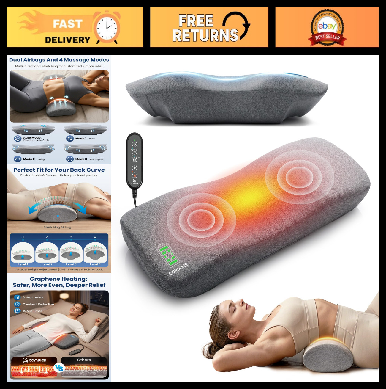 Triple Fusion Back Massager with Graphene Heat, Cordless Lumbar Support Pillow,