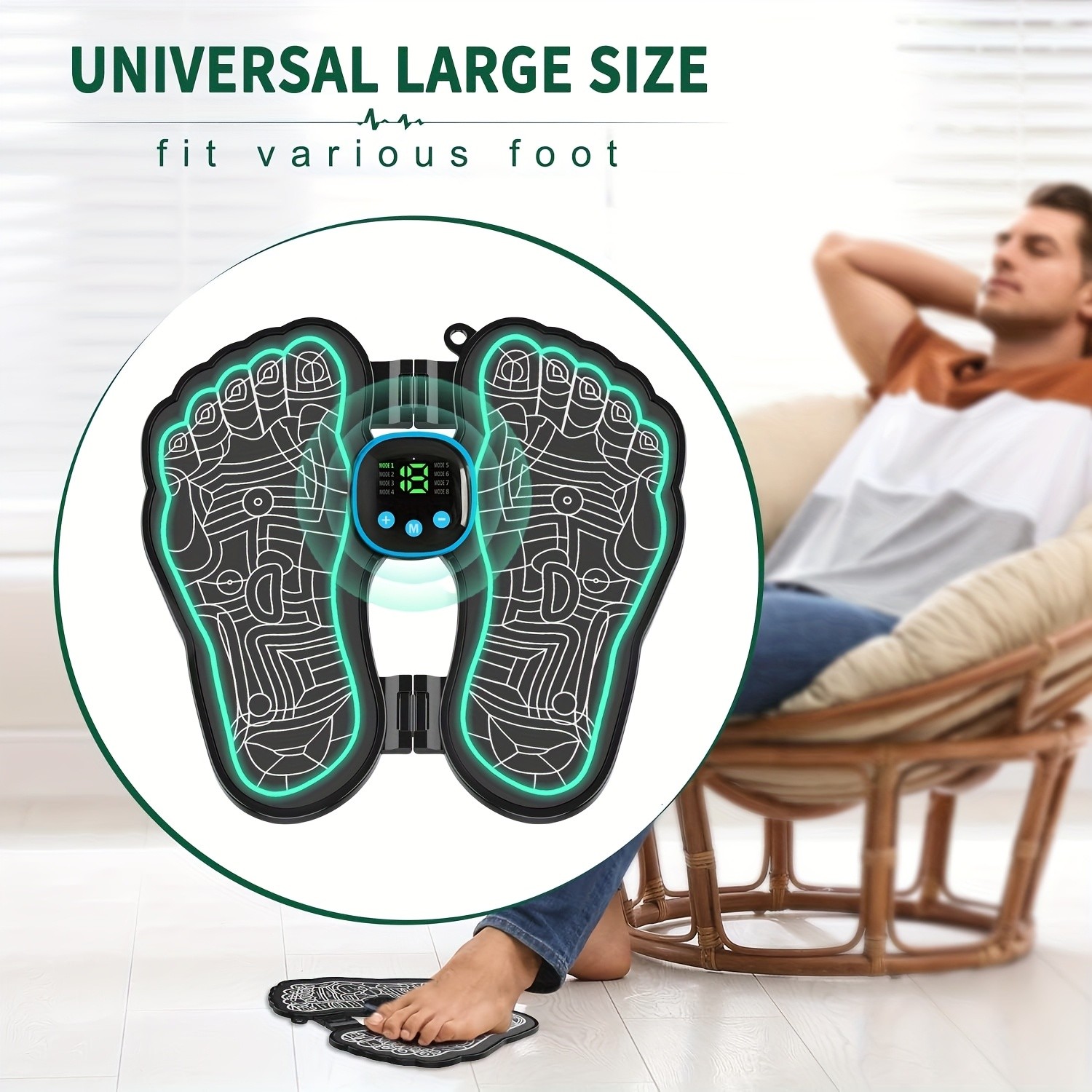 EMS Foot Massager Foldable, 8 Modes 19 Intensities, Portable TENS Massage Device