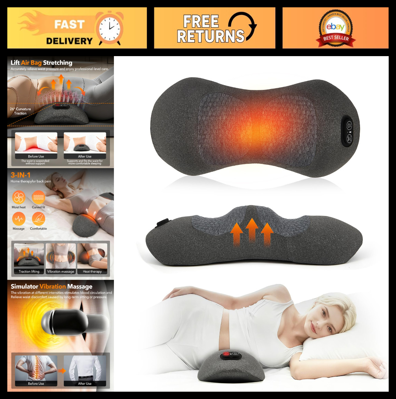Triple Fusion Back Massager with Heat – Sciatica Relief, Spine Decompression, De