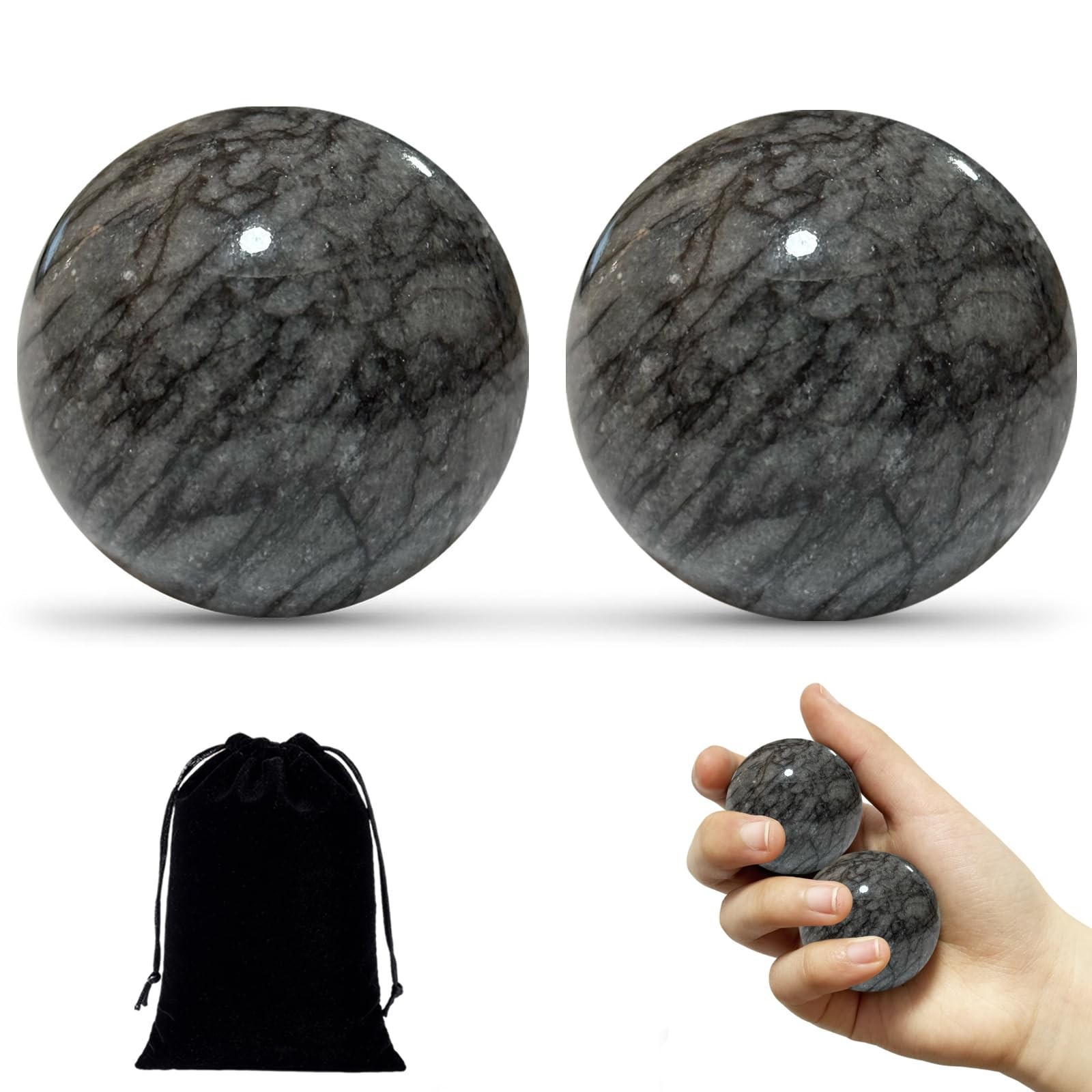 Baoding Balls Hand Therapy Balls, Dark Grey, 1.57 inch, 2 Pack