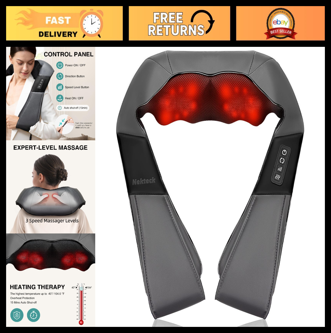 Shiatsu Neck Massager with Heat – Deep Tissue Back & Shoulder Kneading Pillow, P