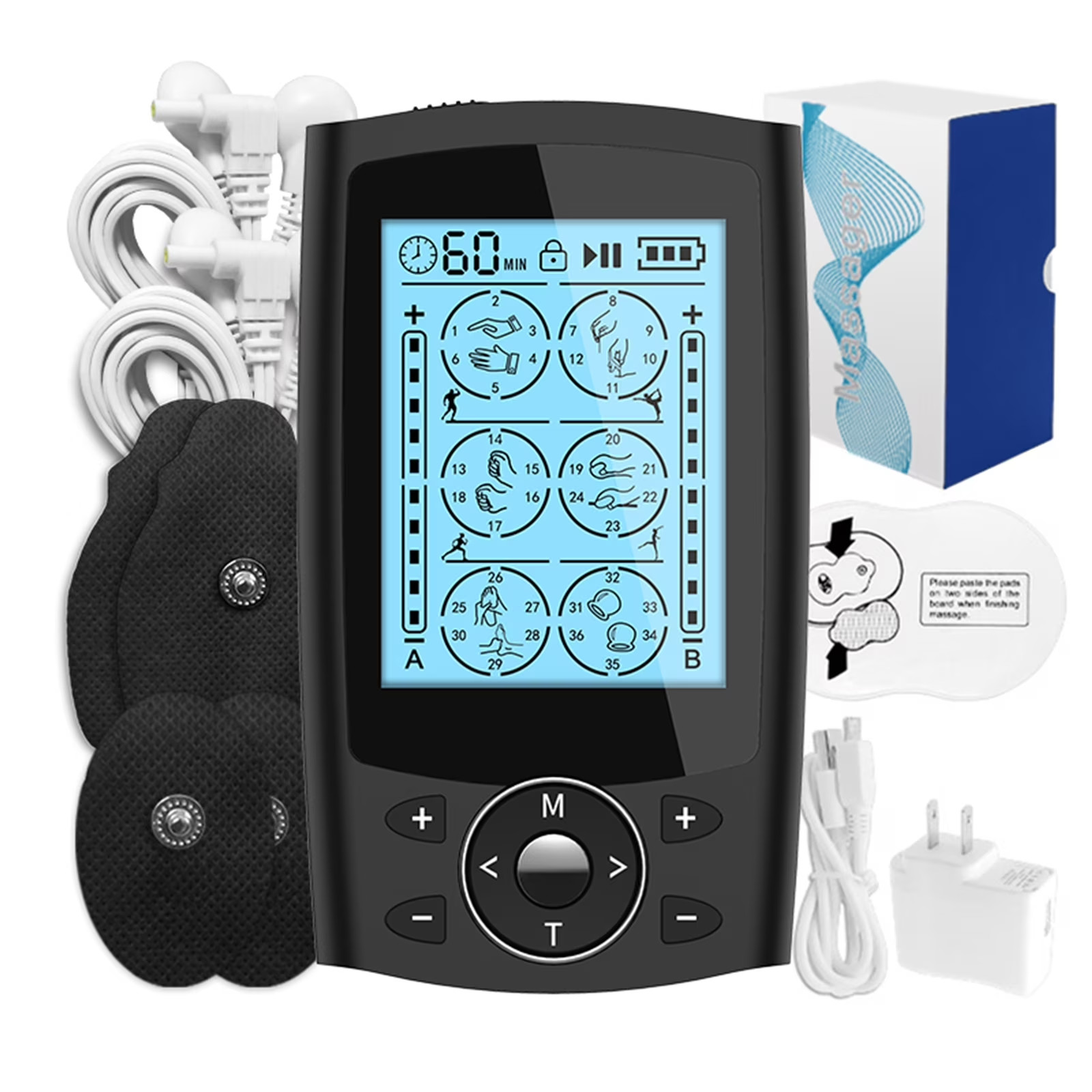 TENS Unit EMS Muscle Stimulator 36 Mode Rechargeable Dual Channel 10 Pad Massage