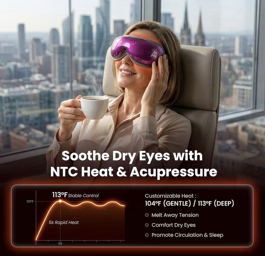 Bob and Brad Purple Cordless EyeOasis 3 Eye Massager Migraine, Bluetooth Heat