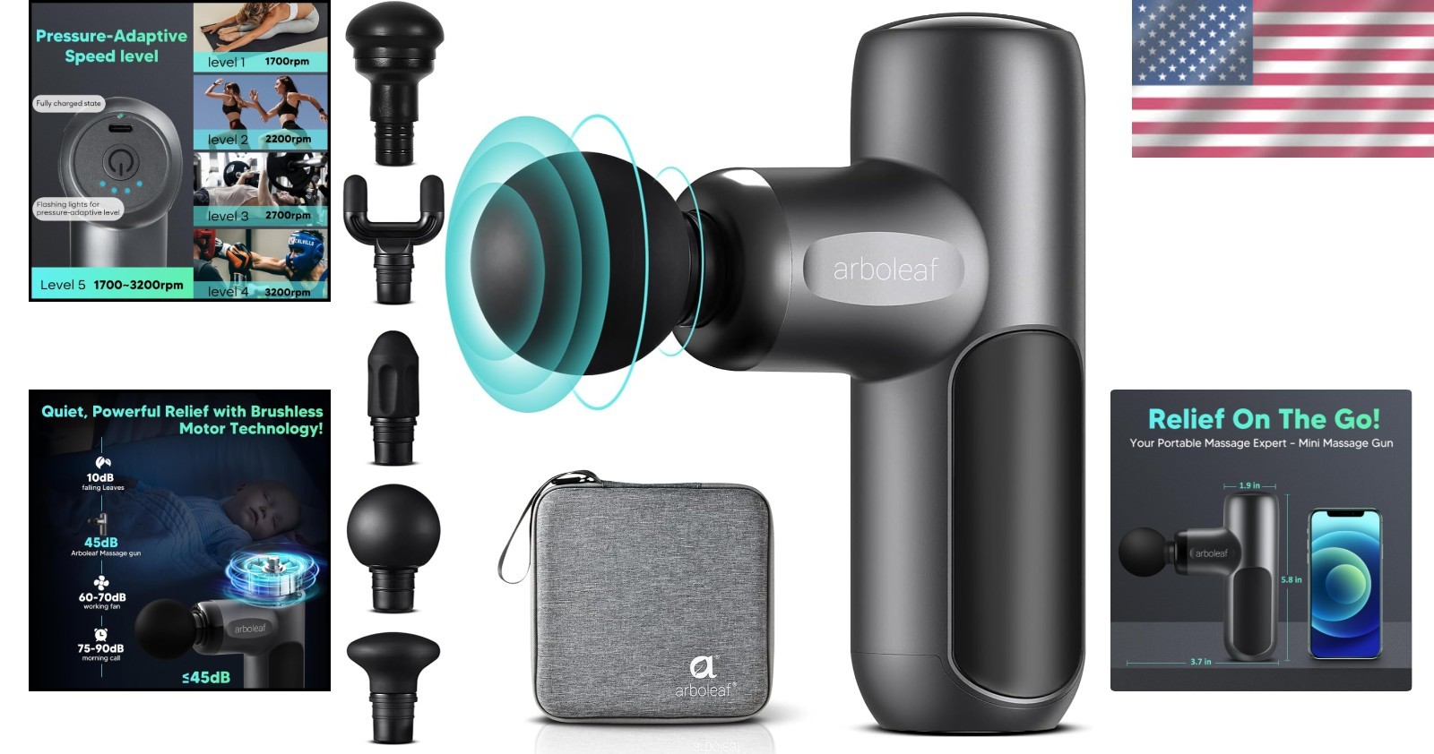 Quiet Handheld Massage Gun with 5 Speed Settings & Carrying Case – Charcoal