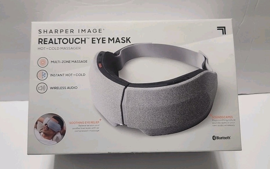 Sharper Image RealTouch Eye Mask Massager Hot Cold Bluetooth Grey Open G2U