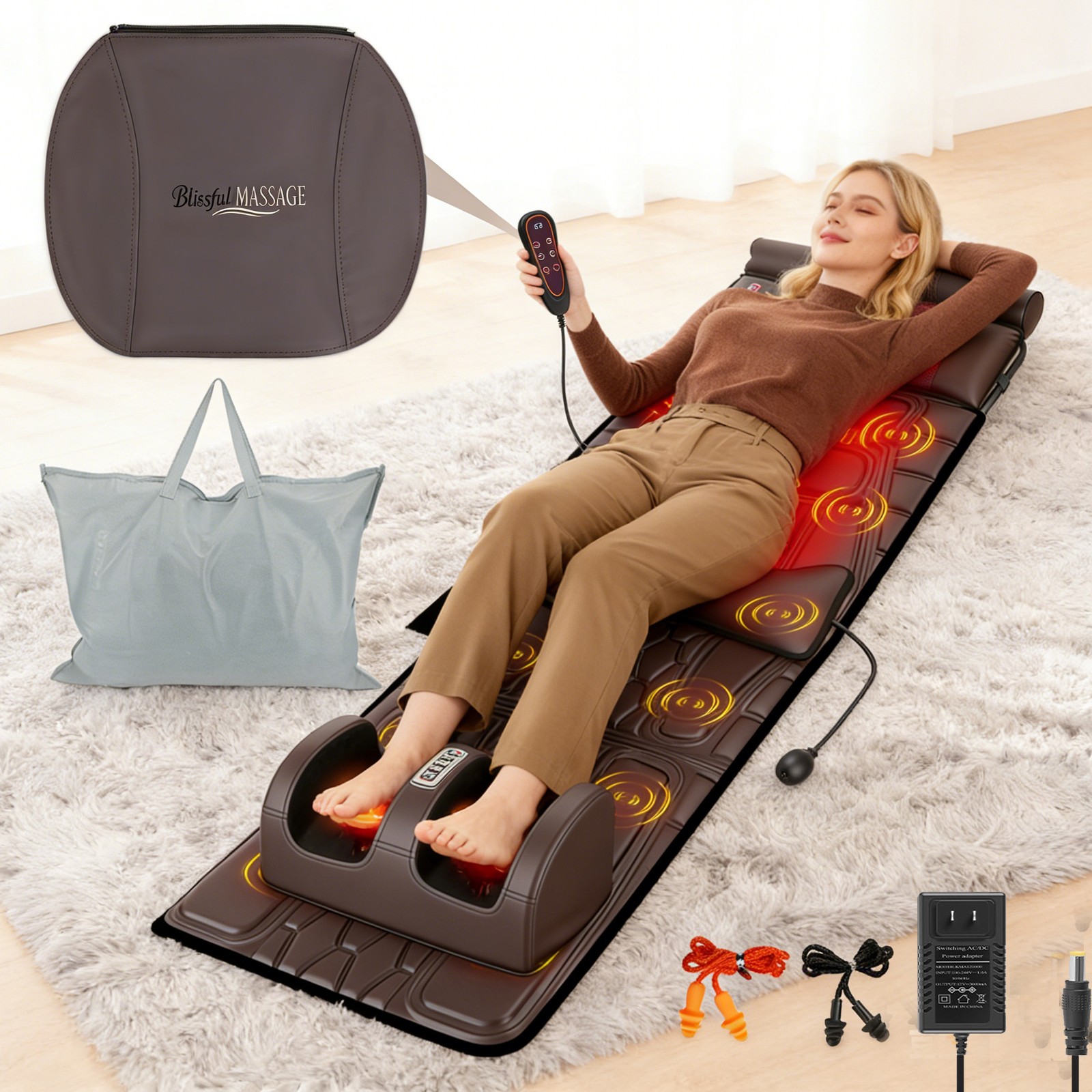 PU Leather Shiatsu Full Body Massage Heat Timer Neck & Foot Massager Chair Pad