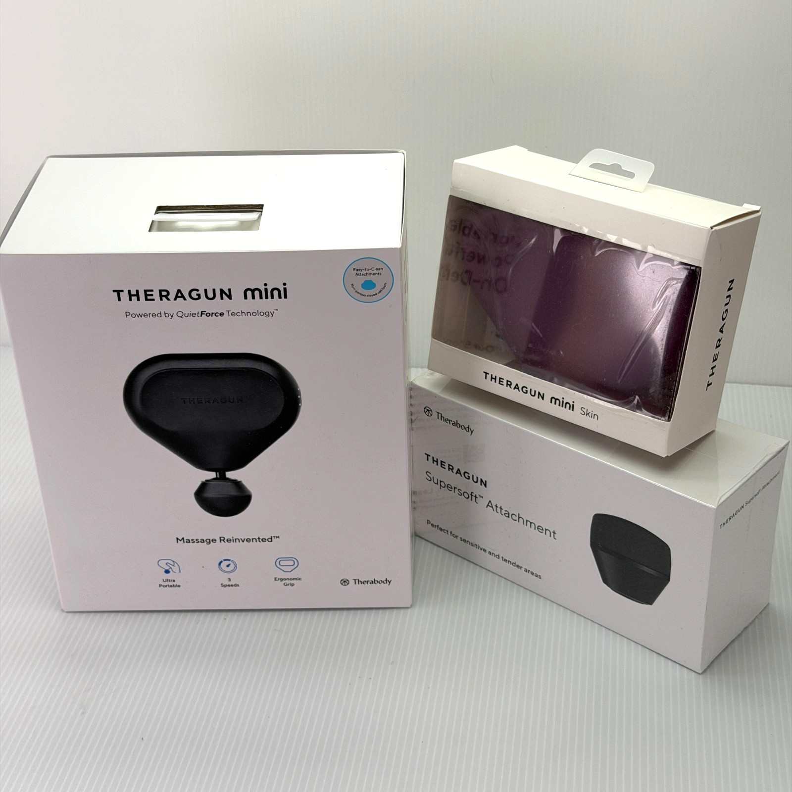 Theragun Mini Massager Black + Supersoft Attachment Mini Skin Bundle NEW
