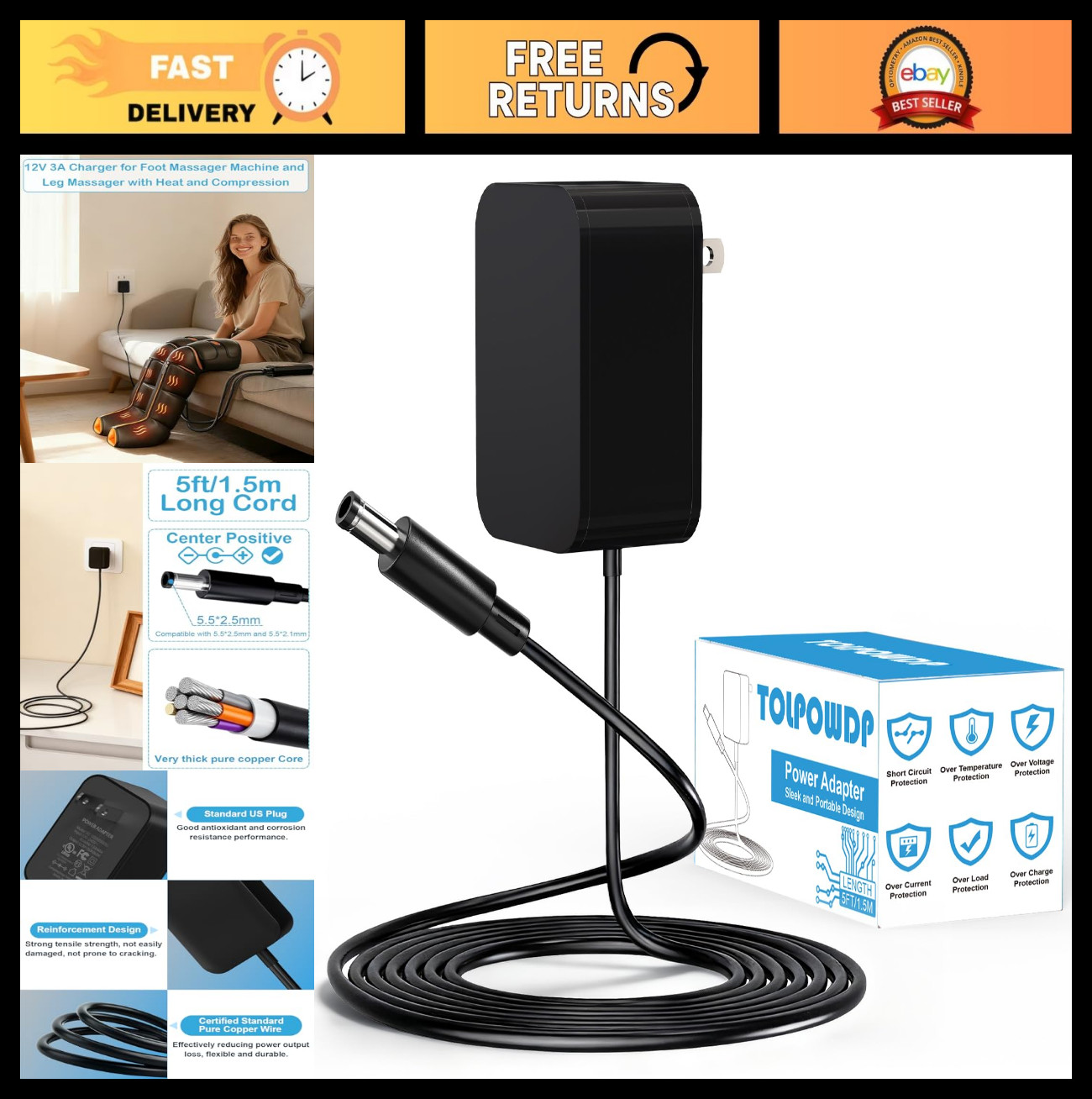 12V 3A Leg Compression Massager Charger, Power Adapter for Foot & Leg Massagers