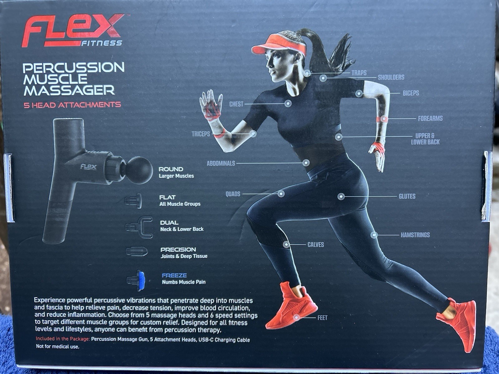 Flex Fitness Percussion Muscle Massager Gun 5 Attachments 6 Speeds 1.5 Hours Use